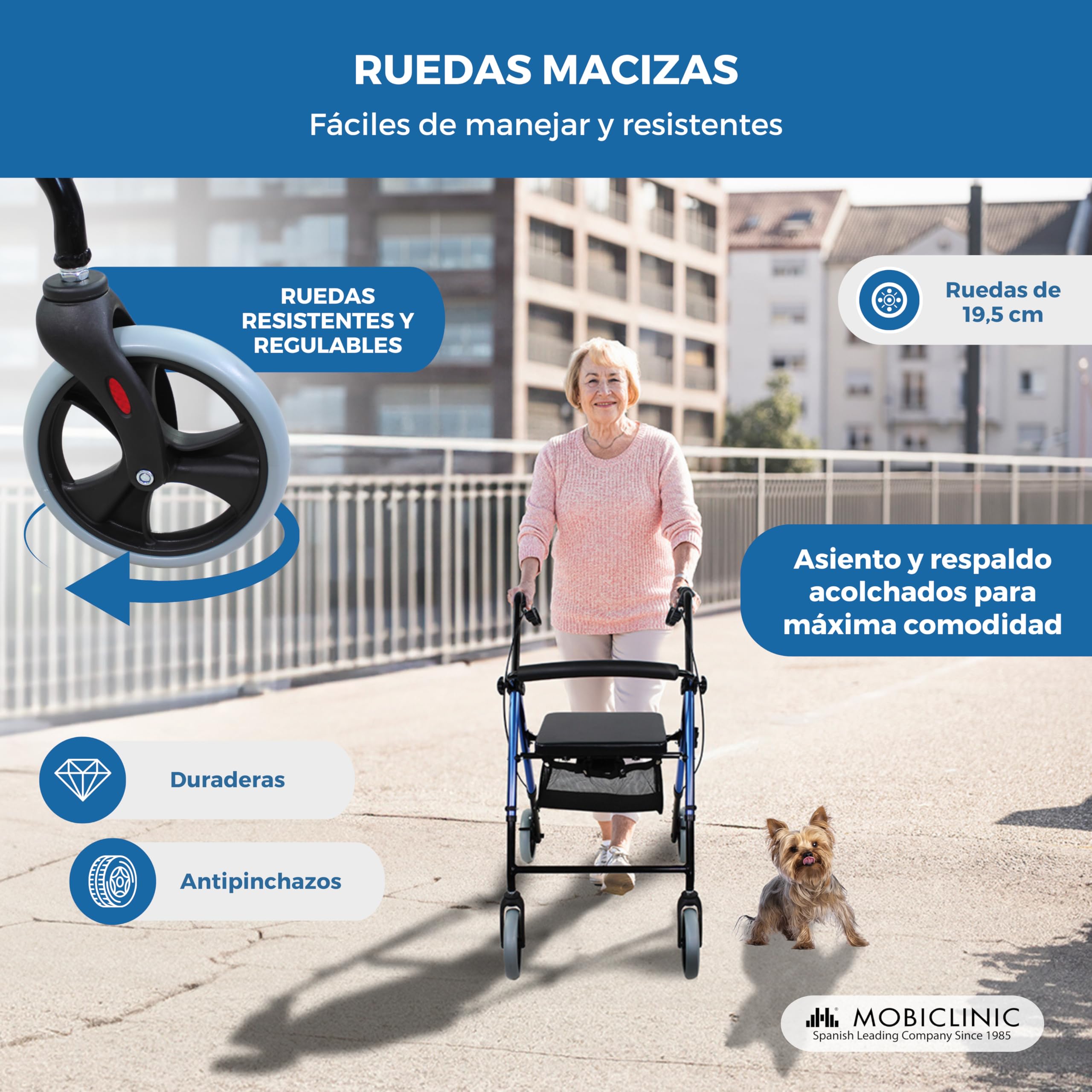 Mobiclinic®, Andador Plegable, Ligero, con Asiento y Cesta, Hércules, Frenos en Manetas, 4 Ruedas, Aluminio, Azul