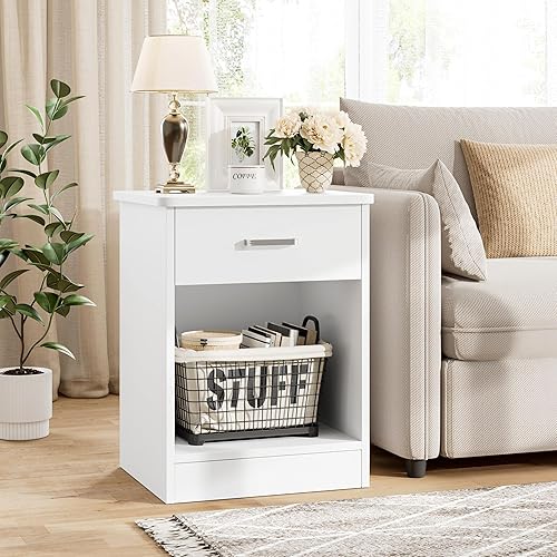 Miniatura 5 de FOTOSOK Nightstand, 2-Tier Side Table with Drawer and Storage Shelf, Bedside Table End Table, Modern Night Stand for Bedroom, Home Office, White