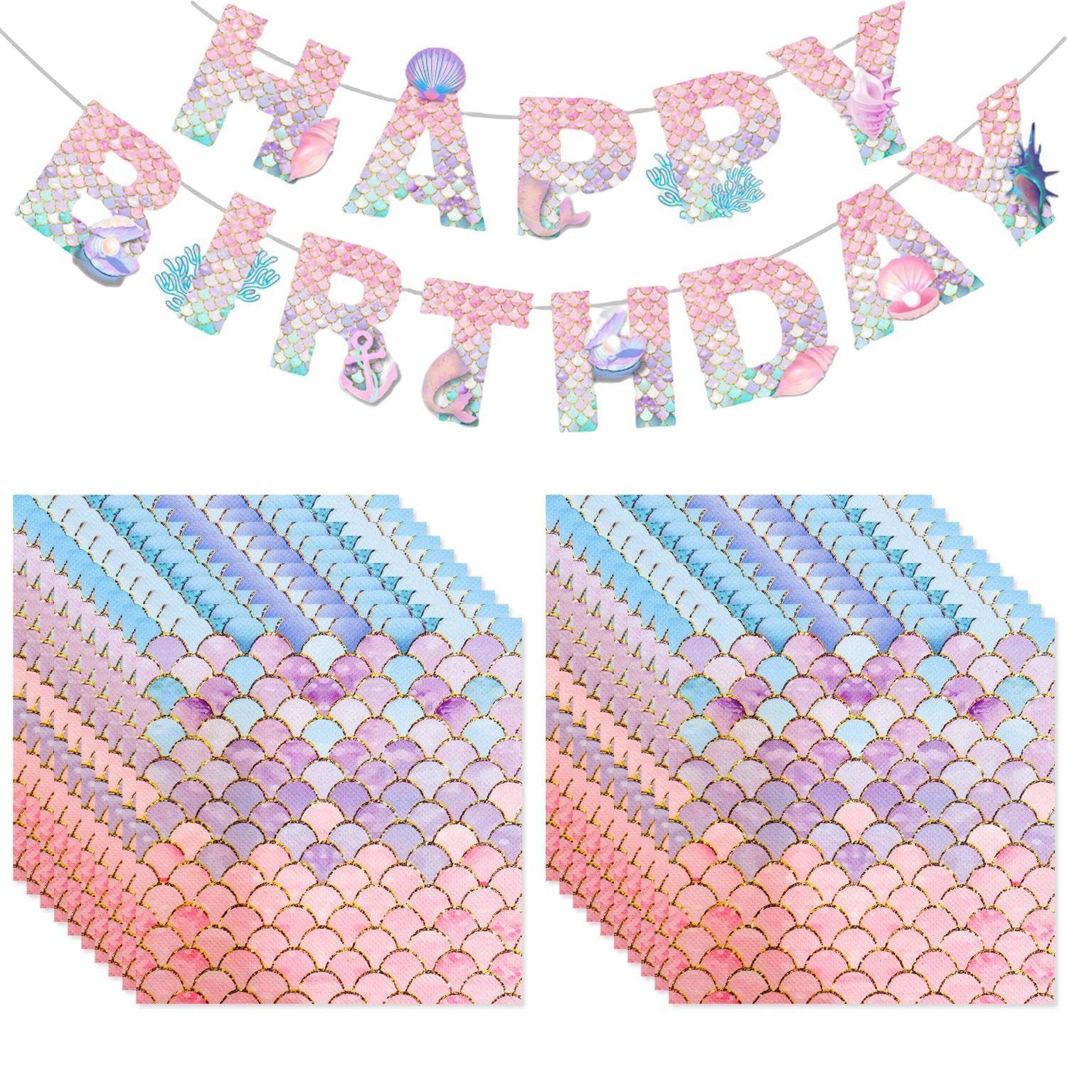 20 Pieces of Mermaid Tissue Paper, 1 Piece of Mermaid Banner, Fish Scale Printed Tissue Paper, Birthday Party Tissue Paper, Decorative Birthday Supplies, Mermaid Theme Party Decorations