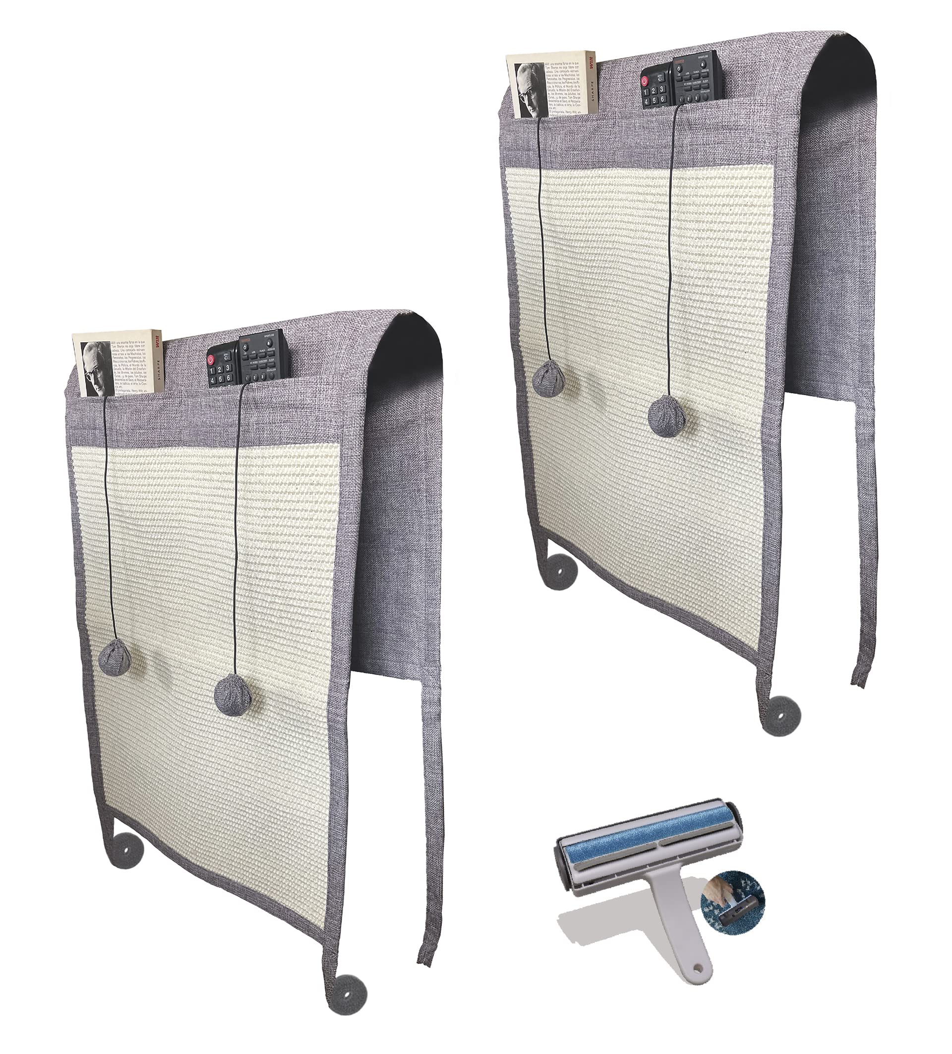 Set 2x tiragraffi divano per gatti e rullo smacchiatori divano - Proteggi divano gatti graffi con palline elastiche giocattolo e tasche - affilaunghie sisal naturale per il tuo gattino