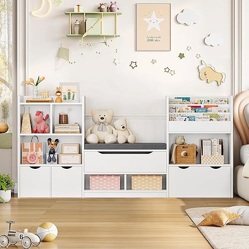 Miniatura 3 de FOTOSOK Estantería infantil de 72 pulgadas con rincón de lectura, organizador grande de almacenamiento de juguetes con cojín de asiento y 3 cajones