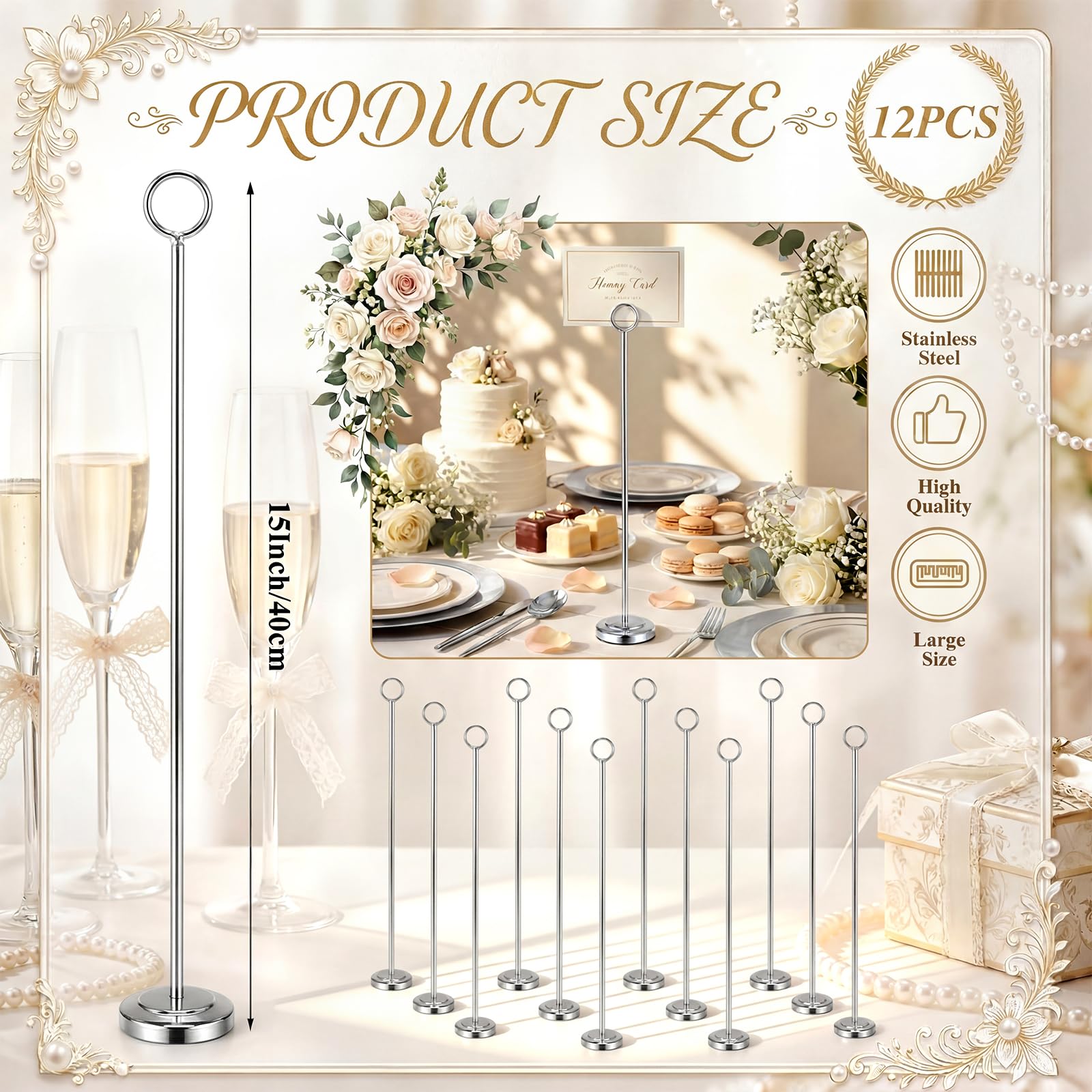 Shimeyao Tischnummernhalter, 38,1 cm, silberfarben, 12 Stück, Tischkartenhalter für Fotos, Lebensmittelschilder, Memo-Notizen, Hochzeiten, Restaurants, Geburtstage, Veranstaltungen, Tafelaufsatz