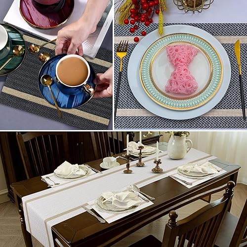 Miniatura 8 de FAVE Juego de 6 manteles individuales blancos tejidos con hilo dorado, duraderos y lavables, resistentes al calor, juego de 6 manteles individuales