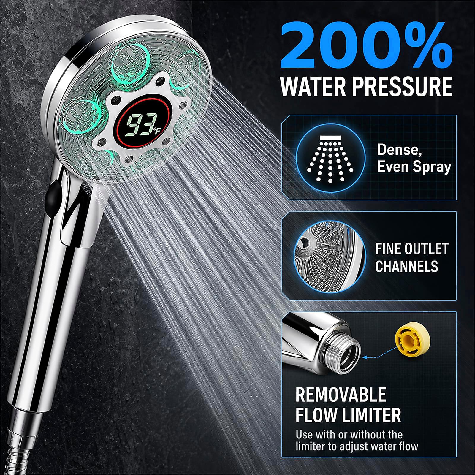 Soffione doccia a LED con palmare, cambia colore, soffione doccia ad alta pressione con display della temperatura dell'acqua, soffione a spruzzo a risparmio idrico con tubo da 150 cm e staffa doccia