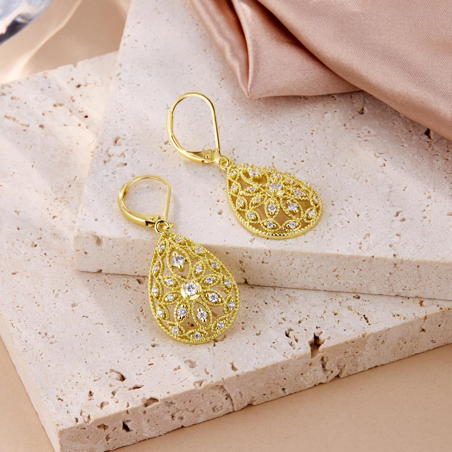 925 Sterling Silver Teardrop Dangle Earrings for Women Cubic Zirconia Leverback Filigree Drop Dangle Earrings Jewelry Hypoallergenic Silver Teardrop Filigree Earring for Gifts - Image 3