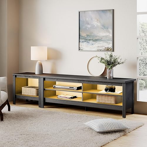 Miniatura 3 de WAMPAT Soporte de TV para televisores de hasta 85 pulgadas con luz LED, centro de entretenimiento de madera negra para mesa consola de 95, 90, 80