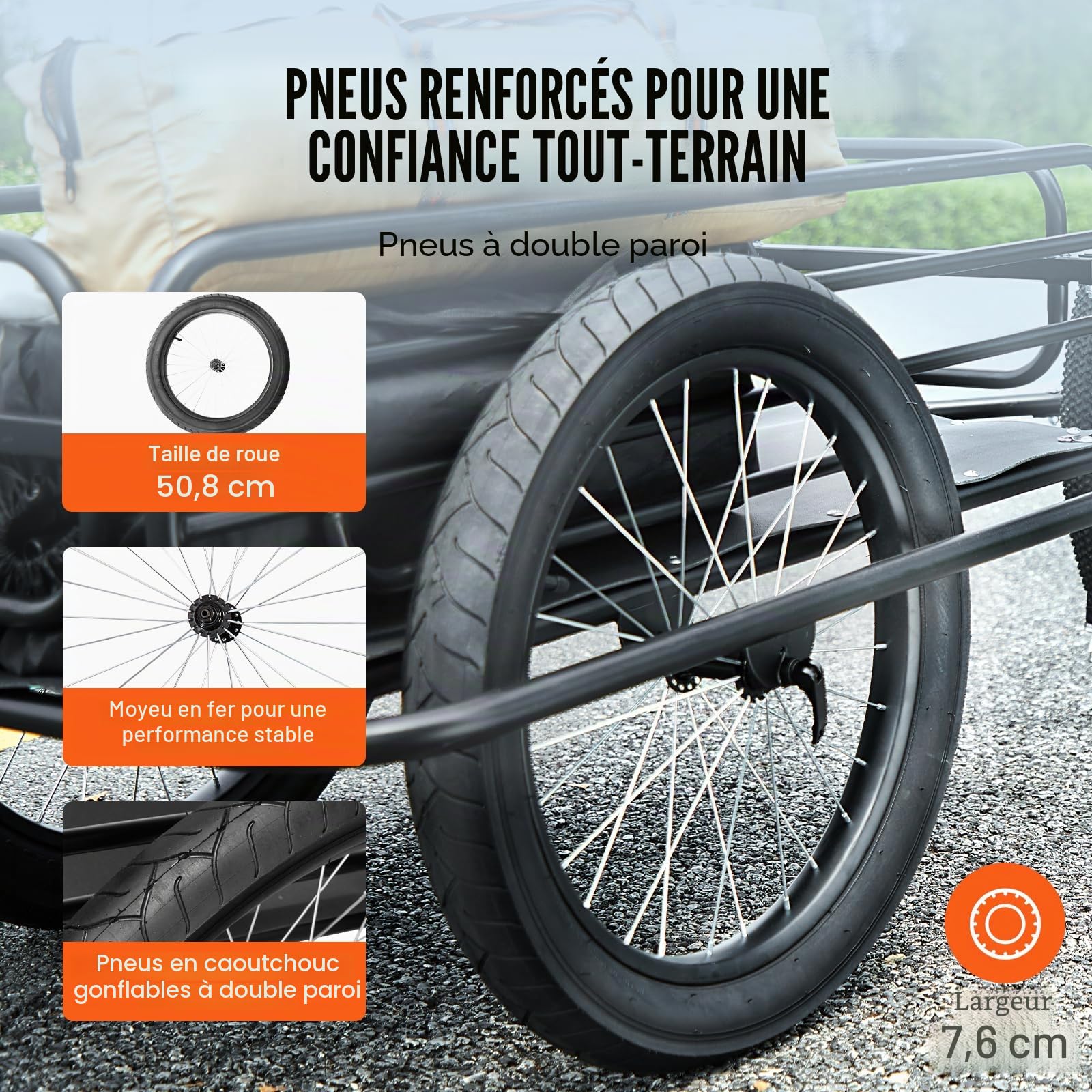 VEVOR Remorque de vélo, capacité de Charge de 125 kg, Chariot de vélo, Rangement Compact Pliable et dégagement Rapide, Roues de 508 mm, s'adapte à la Plupart des Roues de vélo, en Acier au Carbone