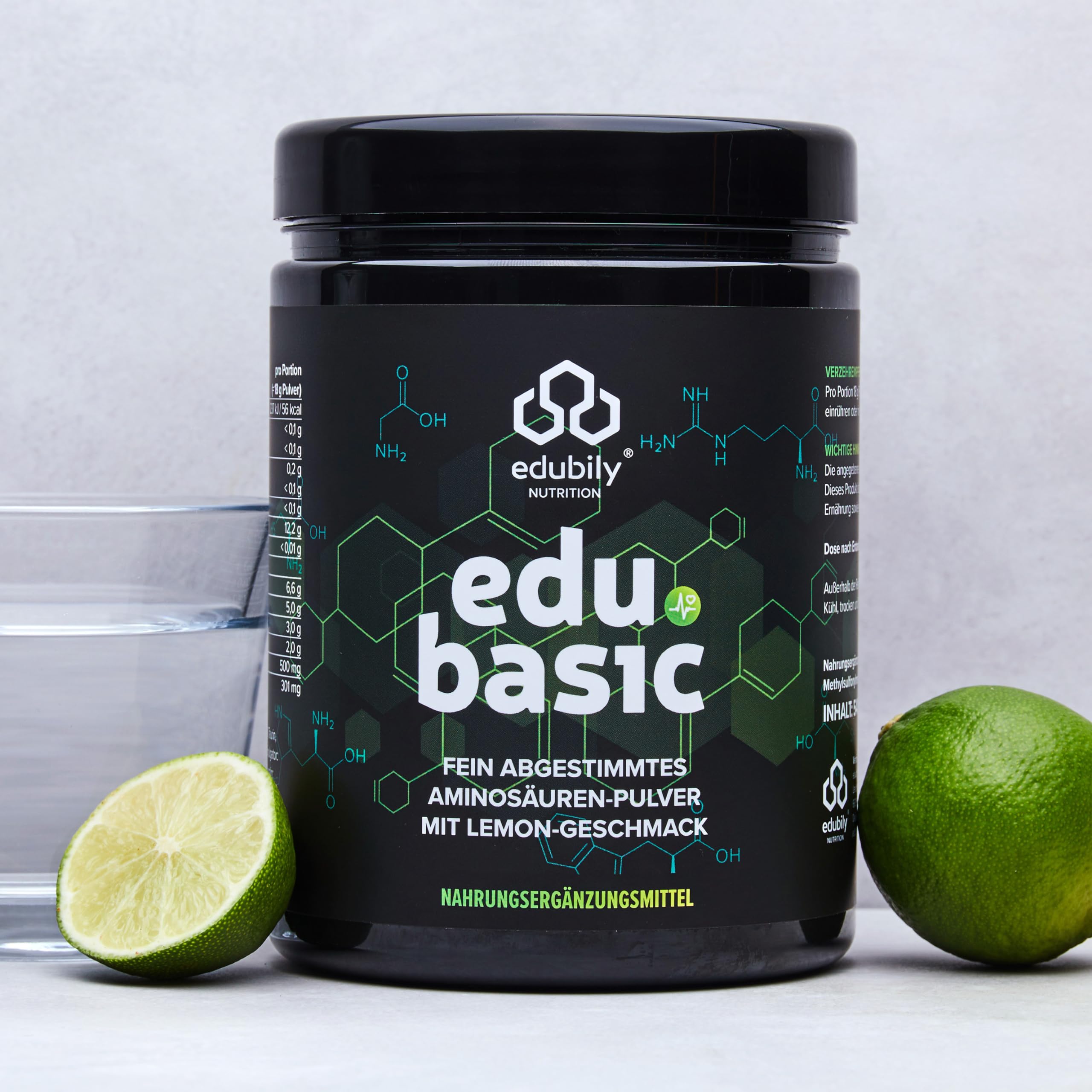 edubily® edu basic Aminosäuren Komplex Pulver mit Citrullin, Arginin, Glycin, Tryptophan, Taurin und MSM - Mit Stevia - Lemongeschmack (540 g, Zitrone)