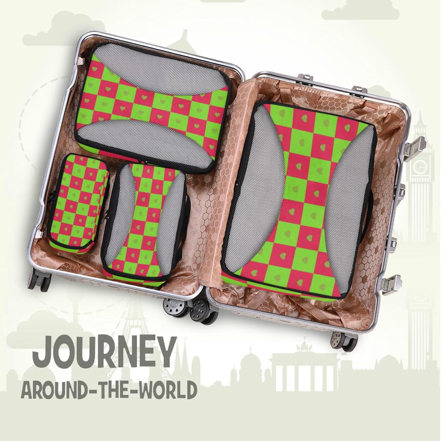 Buffalo Plaid Check Heart Green Red 4 Pcs set organizer bags for Mesh Travel Essentials portable packing cubes for women