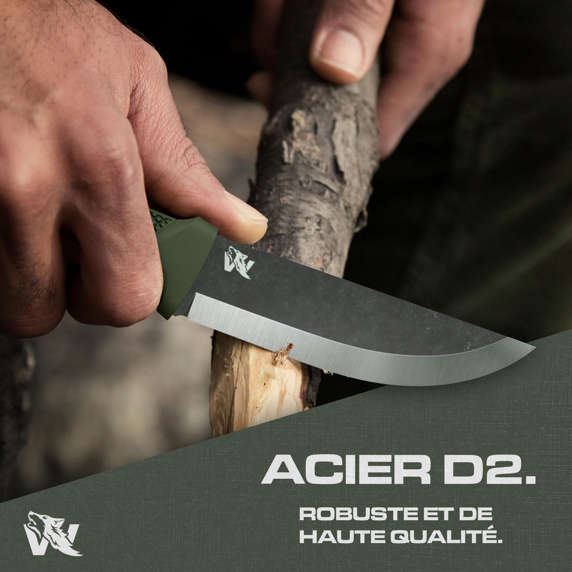 Wolfgangs W-SCANDI Couteau de pêche à lame fixe – Couteau bushcraft D2 en acier monobloc – Couteau de survie outdoor avec étui – Idéal nature, bivouac, forêt