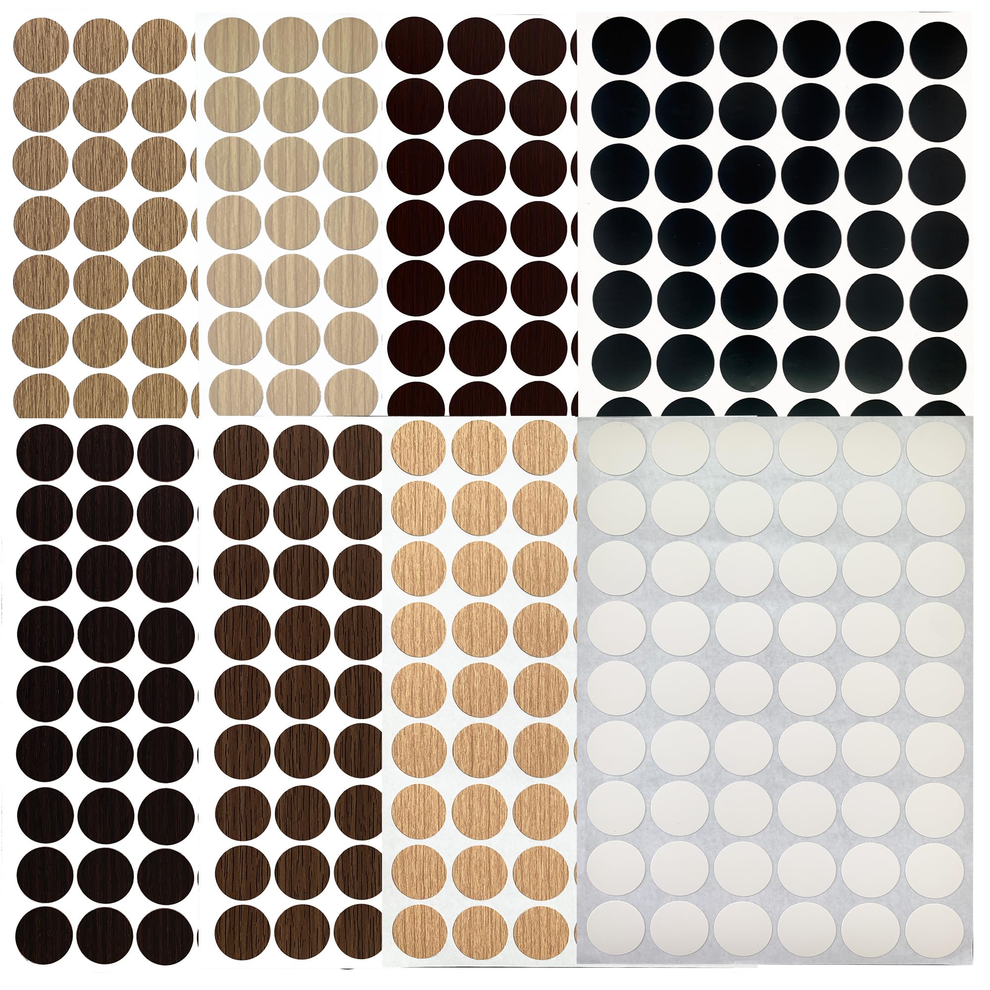 Duricient Screw Hole Covers, 432 PCS Self-Adhesive Stickers for Furniture Cabinets Damage, Stains - 21mm, 8 Patterns (Wood Tone, White, Black) (