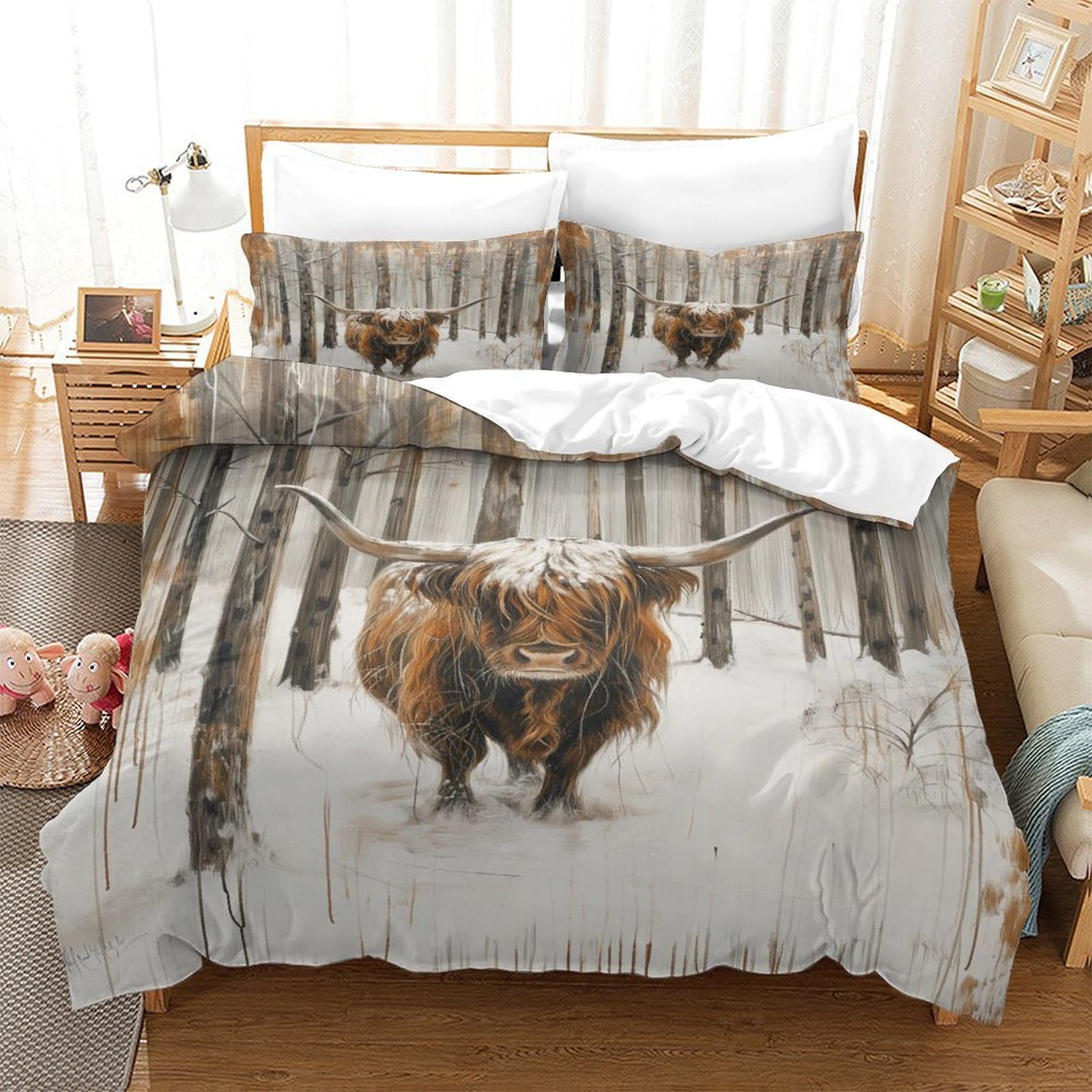 XPASHIQWC Highland Cattle 3 Pieces 3D Printed Comforter Cover Set Snowy Forest with Pillow Cases Microfiber for Modern Bedroom Decor King（220x240cm）