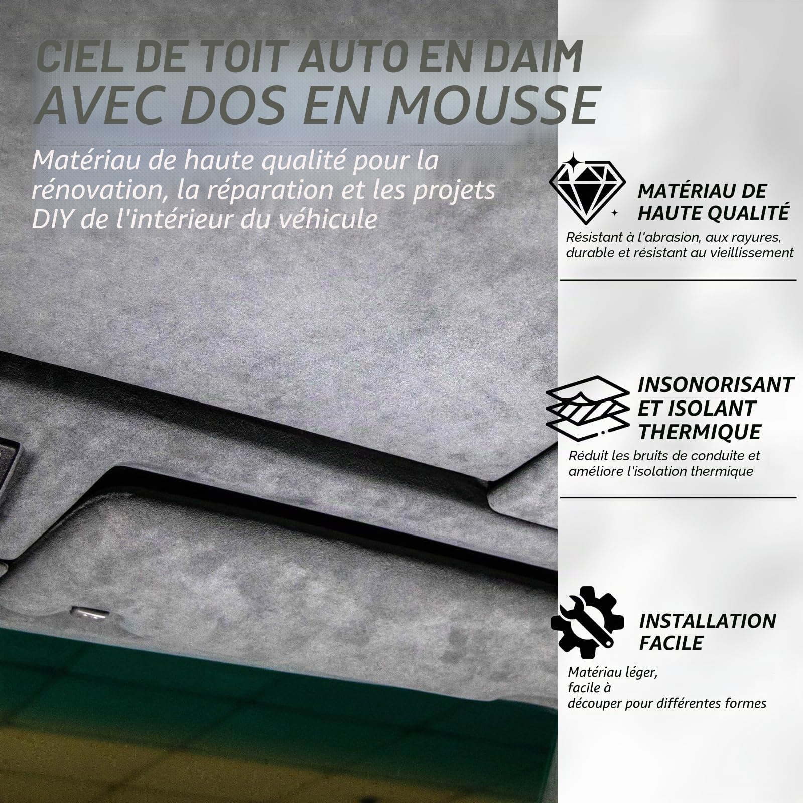 Tapis de toit en daim avec support en mousse pour intérieur de voiture, camping-car, 200,7 x 152,4 cm, gris