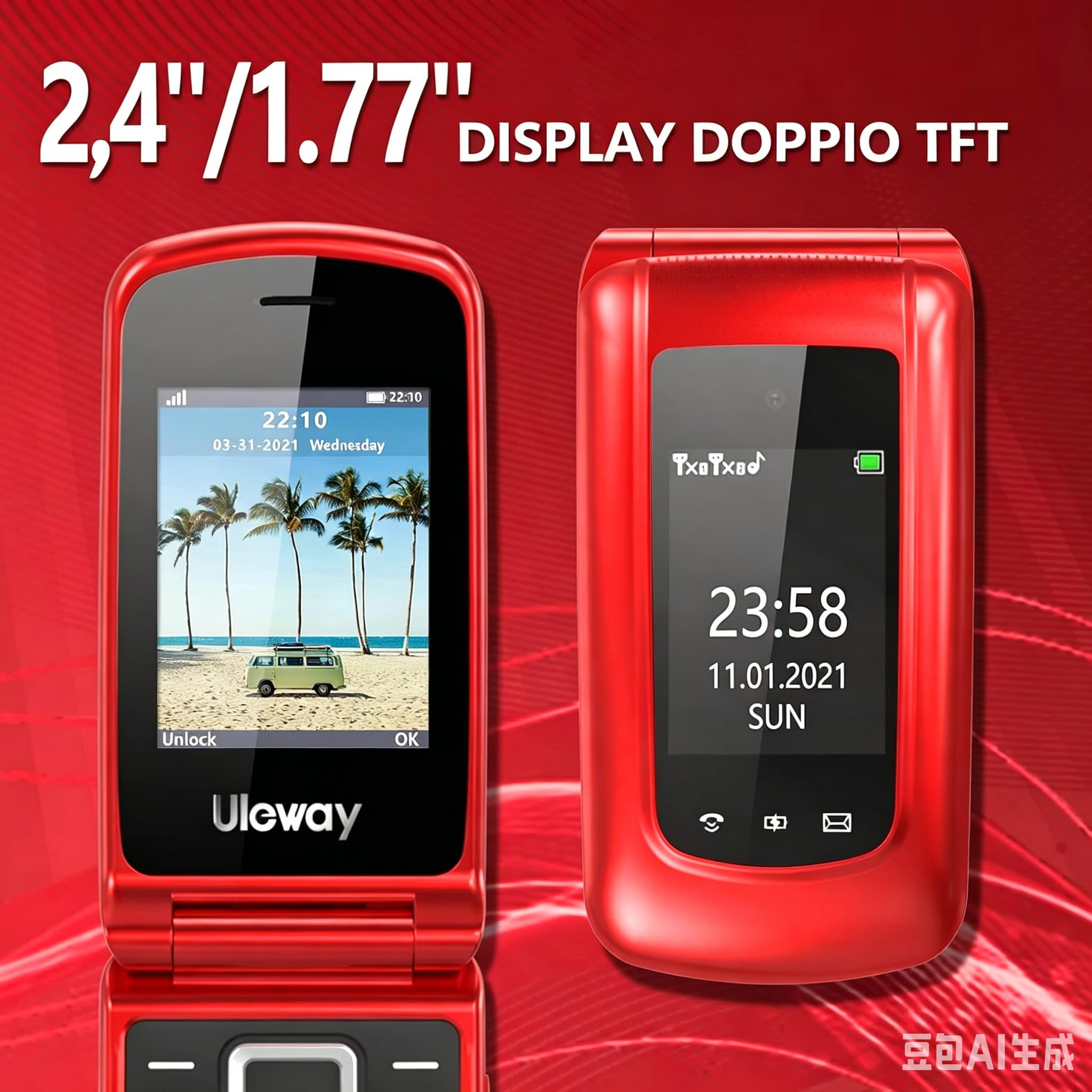 CHAKEYAKE Cellulare per Anziani con Tasti Grandi, Display Doppio 2.4'' + 1.77'', Telefono Senior con Tasto SOS, Volume Alto, Base di Ricarica, Fotocamera, Sbloccato, Rosso