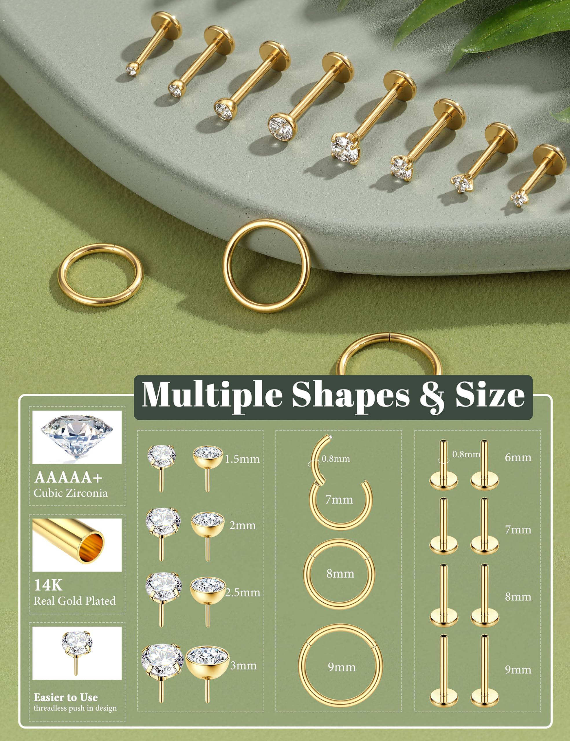 CASSIECA 12Pcs Piercing Labret Acero Quirurgico Piercing Nariz Piercing Oreja para Mujer Hombre Piercing Tragus Helix Labio con Circonita Cúbica Cartílago Monroe Piercing Joyería 20G/18G/16G