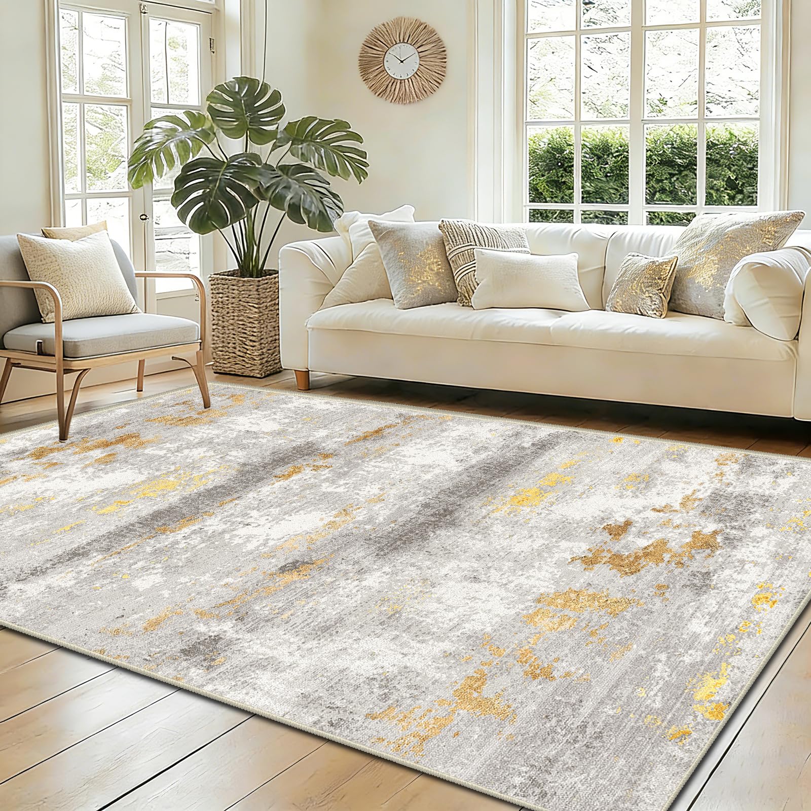WQMMD Beige Gold Abstract Modern Rug 300x400cm Washable Non Slip Modern Area Carpet Living Room Bedroom Kitchen Low Pile Floor Mat Large Carpet Natural Neutral