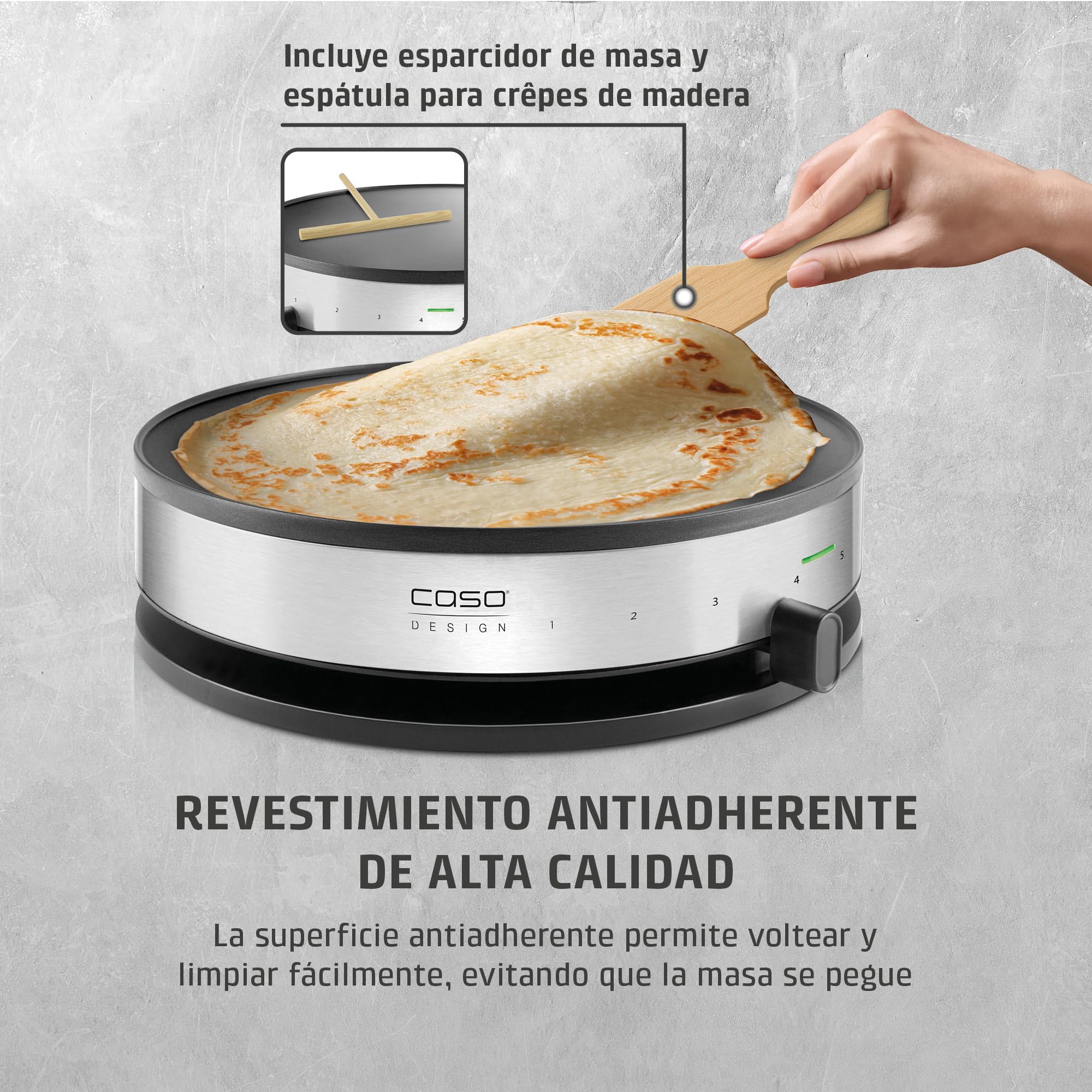 CASO CM 1300 - Crepera electrica con 1300W, Revestimiento antiadherente, Potencia regulable, 33 cm diámetro para crepes extragrandes, Incluye distribuidor de masa y espátula, acero inoxidable