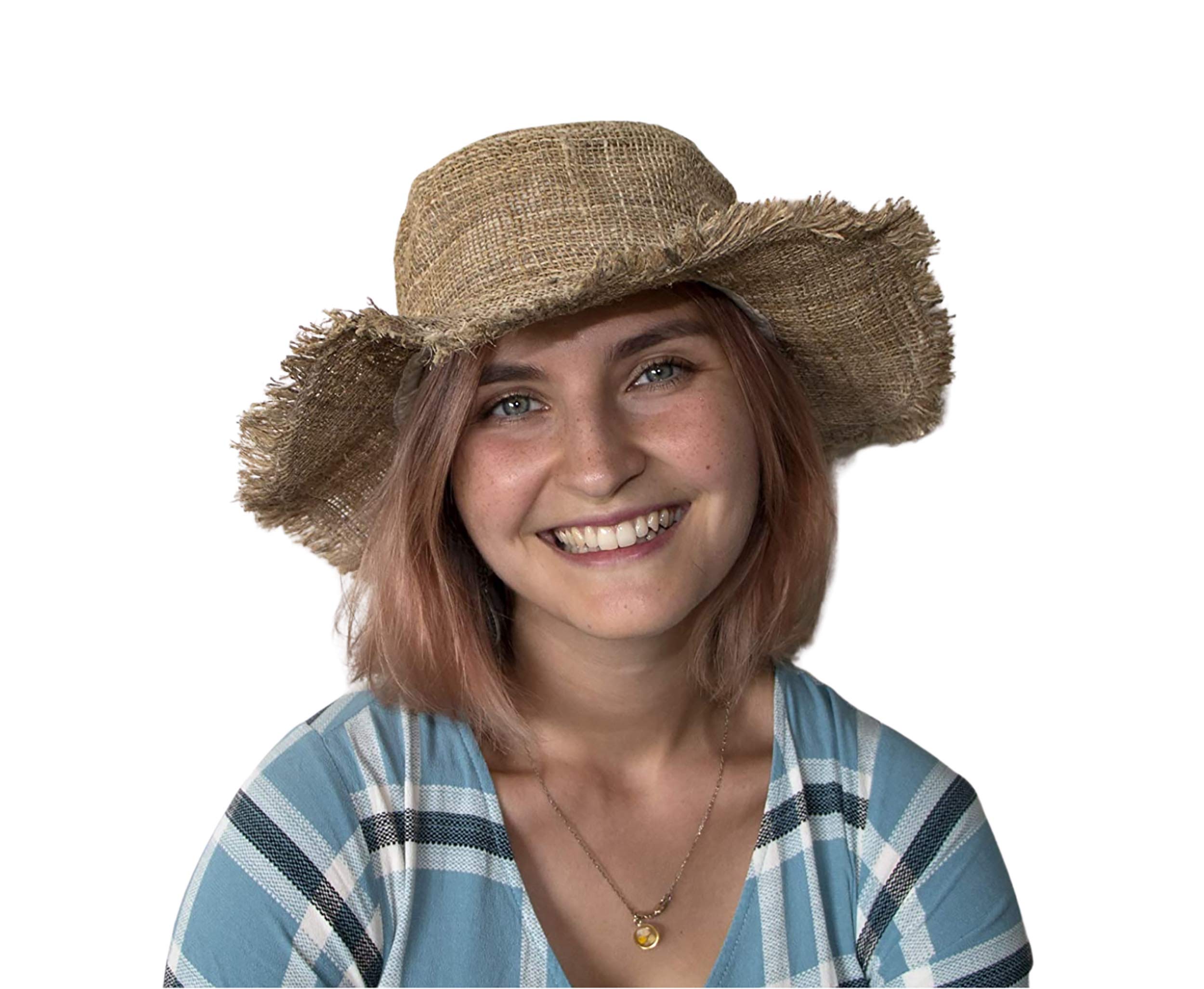 Hemp Sun Hat Wired Wide Brim Farmers hat with Frayed Edges, Raw Hemp Natural Straw Summer Hippie hat