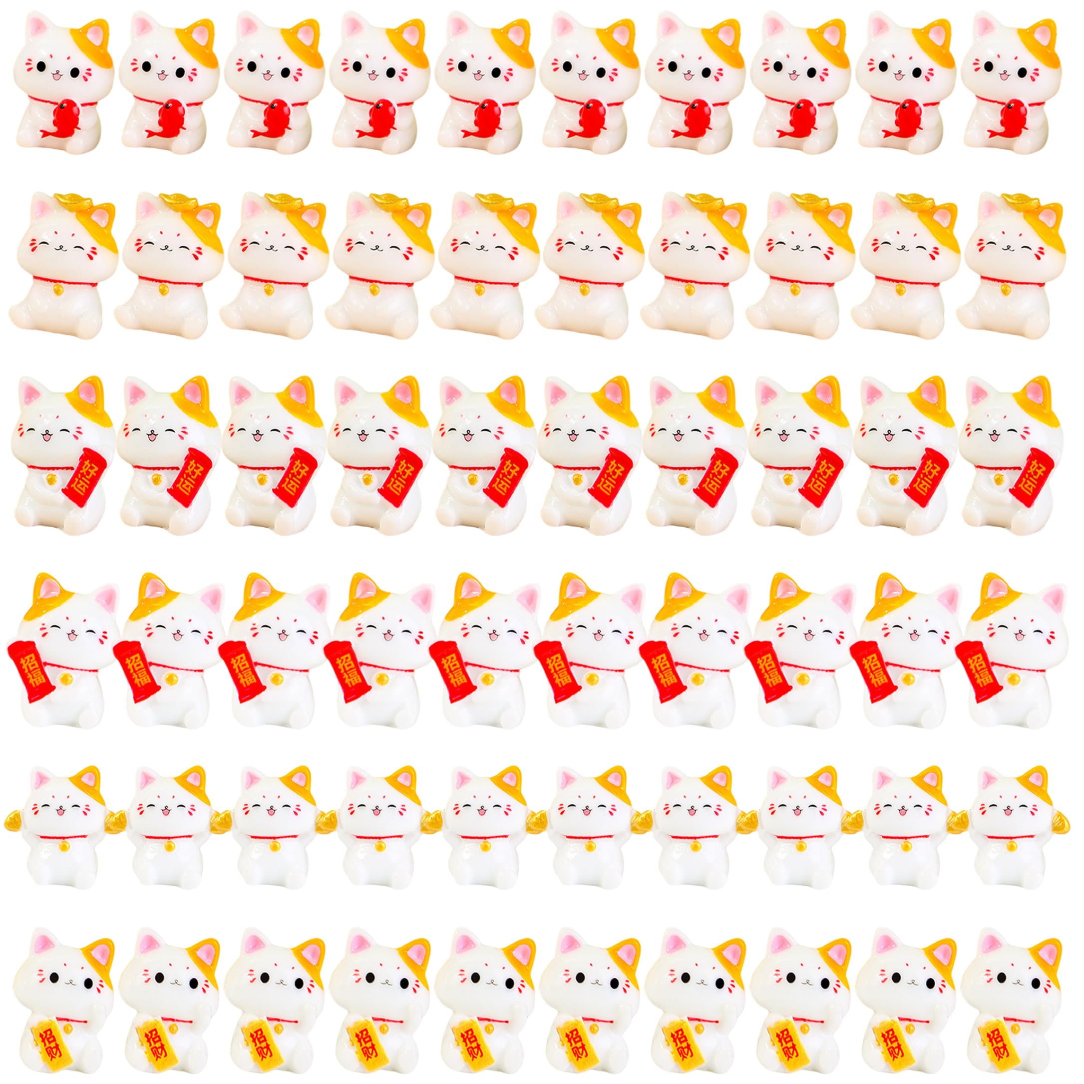 Gemuseeee 60PCS Mini Cats Adorable Miniature Cat Figurines with Fortune & Fish Designs Handcrafted Resin Cats for Kids Adults Mixed Colors