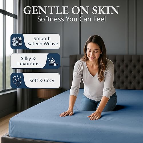 Miniatura 3 de Lane Linen Sábana bajera ajustable 100% algodón egipcio tamaño King (79 x 81 + 16 pulgadas), elegante tejido satinado, ultrasuave, transpirable