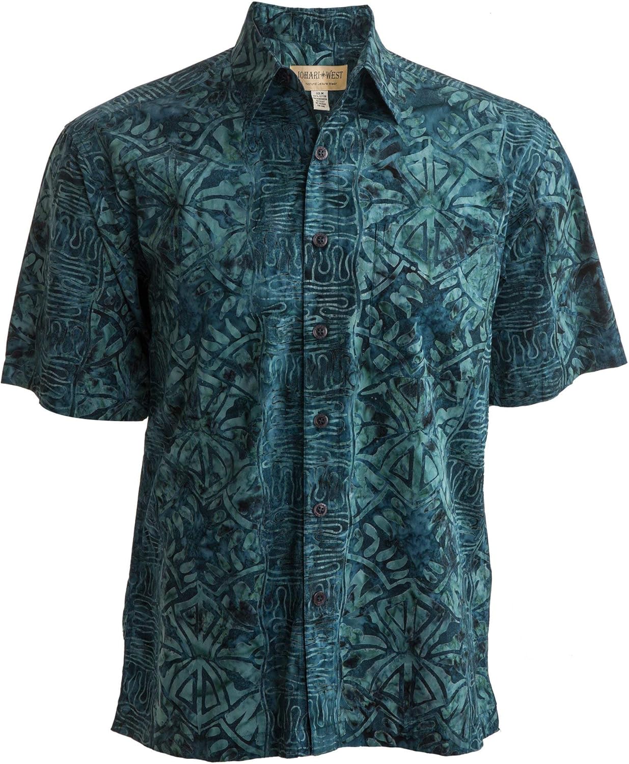 Johari West Hawaiian Short Sleeve Cotton Button-Down Batik Shirt for Men (Geometric Forest) - Image 7