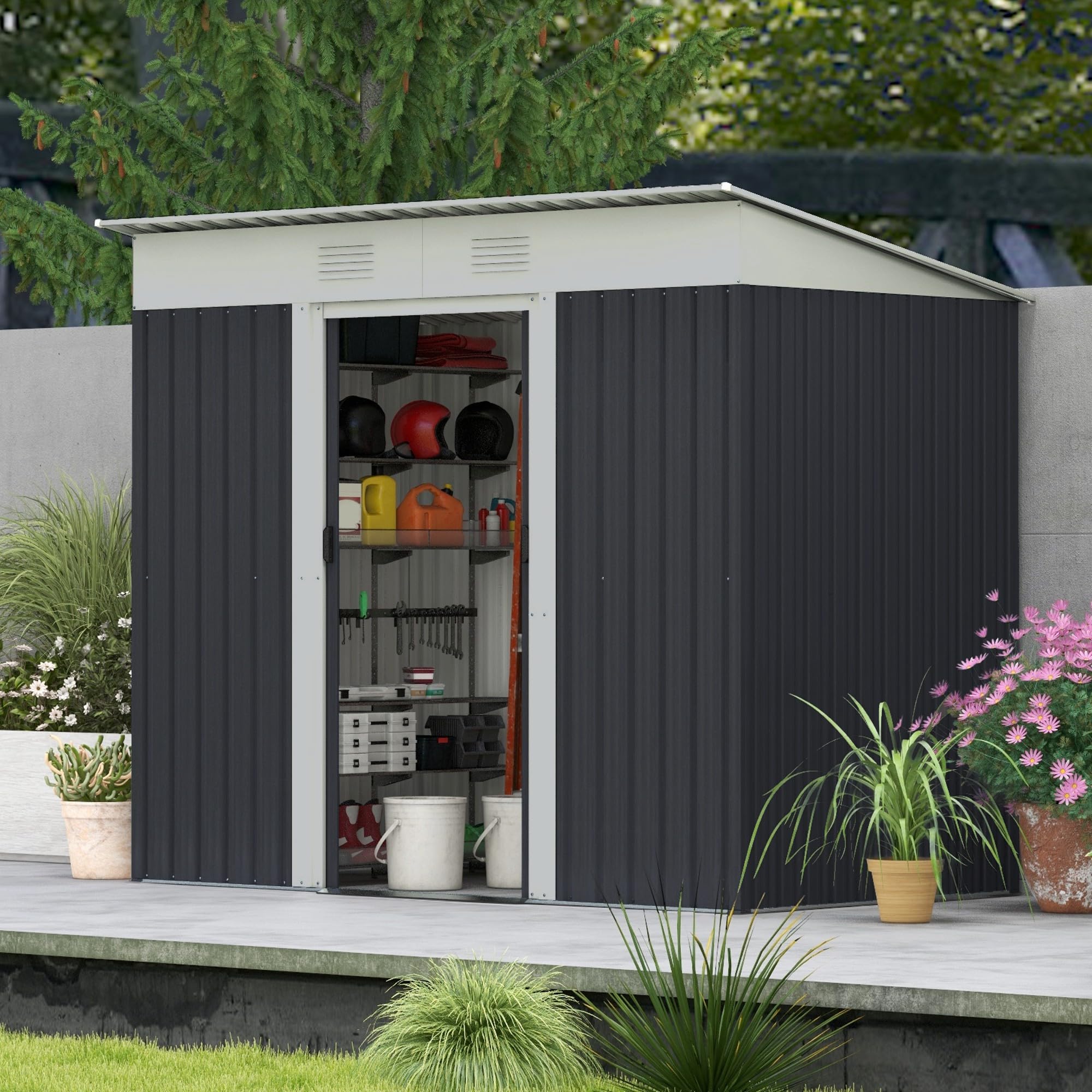 Outsunny 7' x 4' Outdoor Storage Shed, Metal Garden Tool Storage House Organizer with Lockable Sliding Doors and Vents for Backyard Patio Lawn, Charcoal Grey — view 2