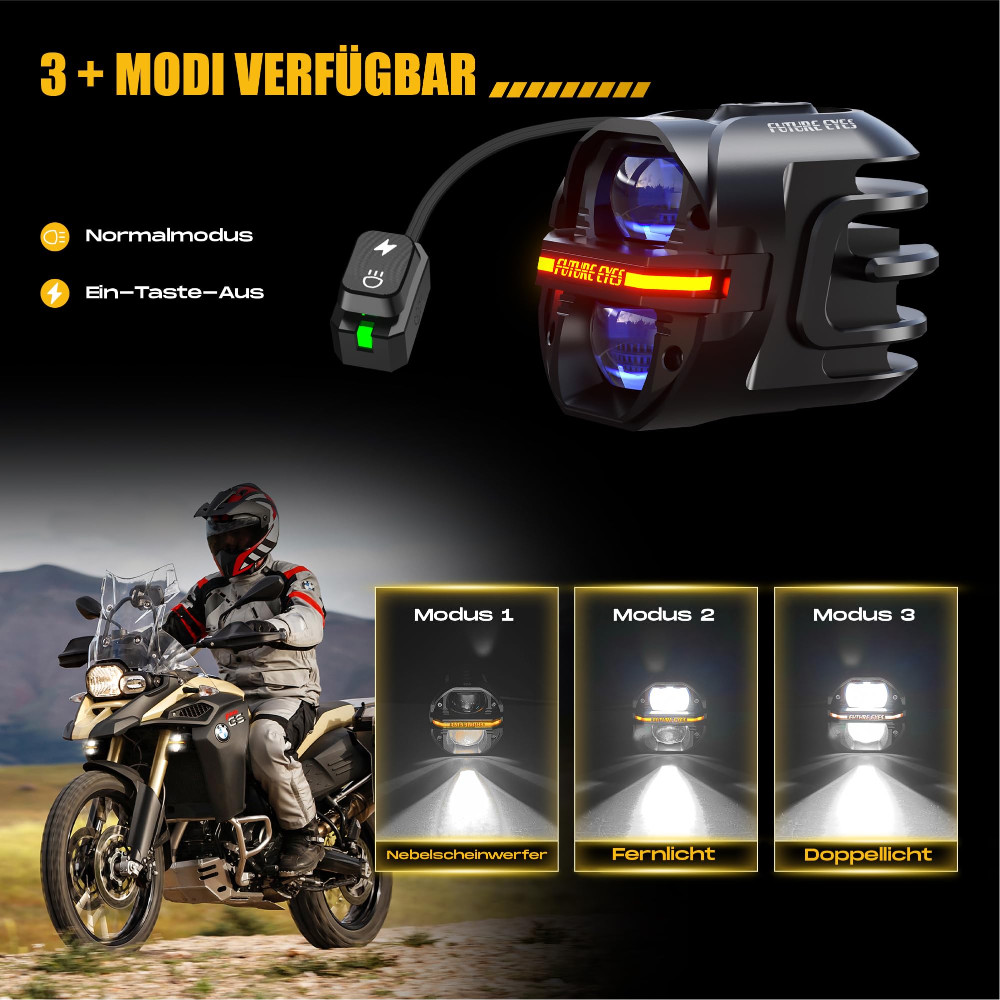 Future Eyes Motorrad Zusatzscheinwerfer LED 12000LM 120W Homologierte Motorrad Nebelscheinwerfer E-Mark E57 LED Scheinwerfer für Motorrad IP67 mit verstellbarer 360° Halterung