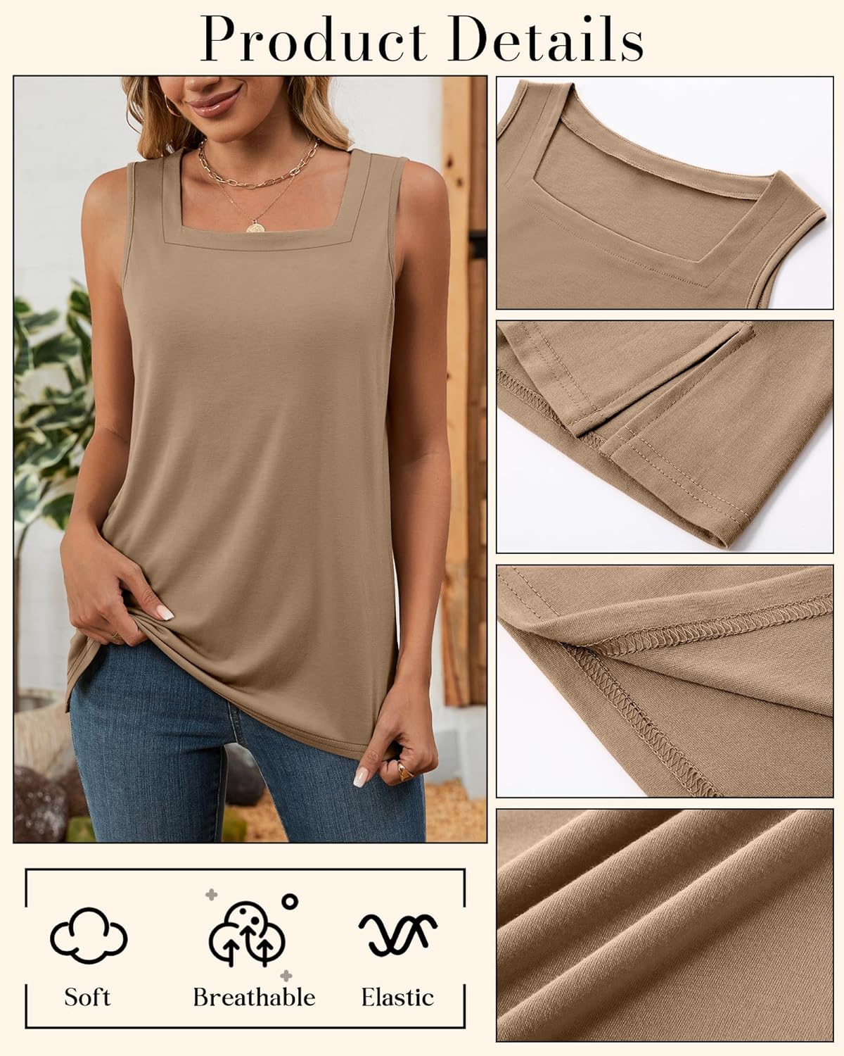 Huukeay 3 Pack Summer Women's Tank Tops Cotton Sleeveless Shirt Loose Fit Square Neck Tank Top with Side Slits(Black, White, Khaki,X-Large) - Image 4