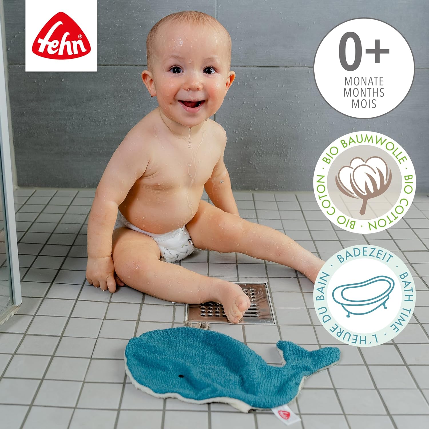 Fehn 056426 - Bath Kit with Hood and Mitt Made of 100% Organic Cotton - For Babies and Toddlers from 0 Months - Size: 70 x 70 cm, 26 cm