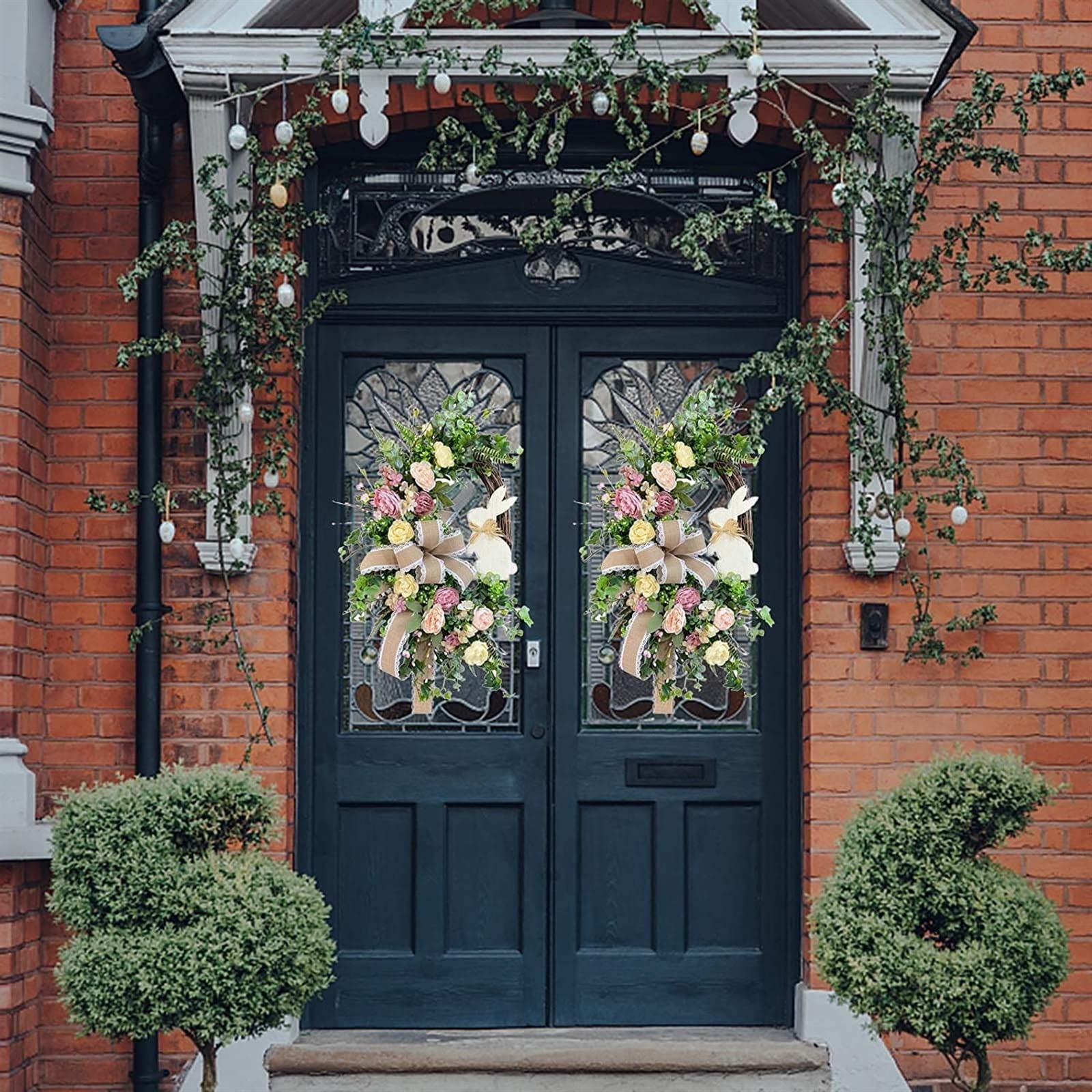 Ghirlanda Pasquale 19 Pollici Con Coniglietto – Foglie Verdi E Fiori Primaverili, Ghirlanda Appesa Per Porta D'Ingresso, Decorazione Interna/Esterna