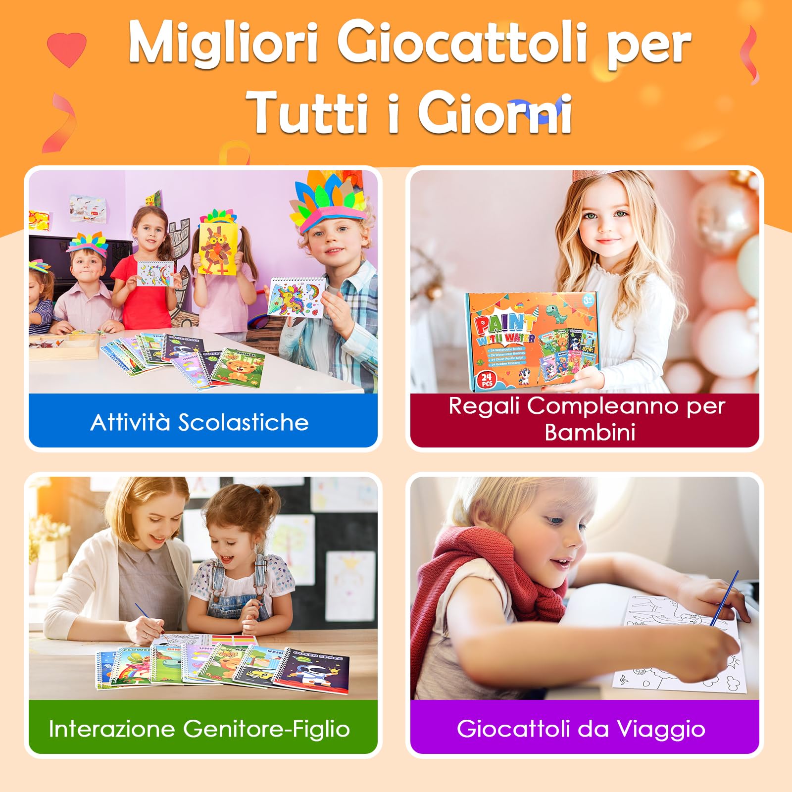 GOLDGE 24 Libri da Colorare Gadget Compleanno Bambini, Mini Libro da Colorare Set con Acquerelli Carta per Pittura Sacchetti Regalo Pennelli, Regalini fine Festa Compleanno 4-8 Anni