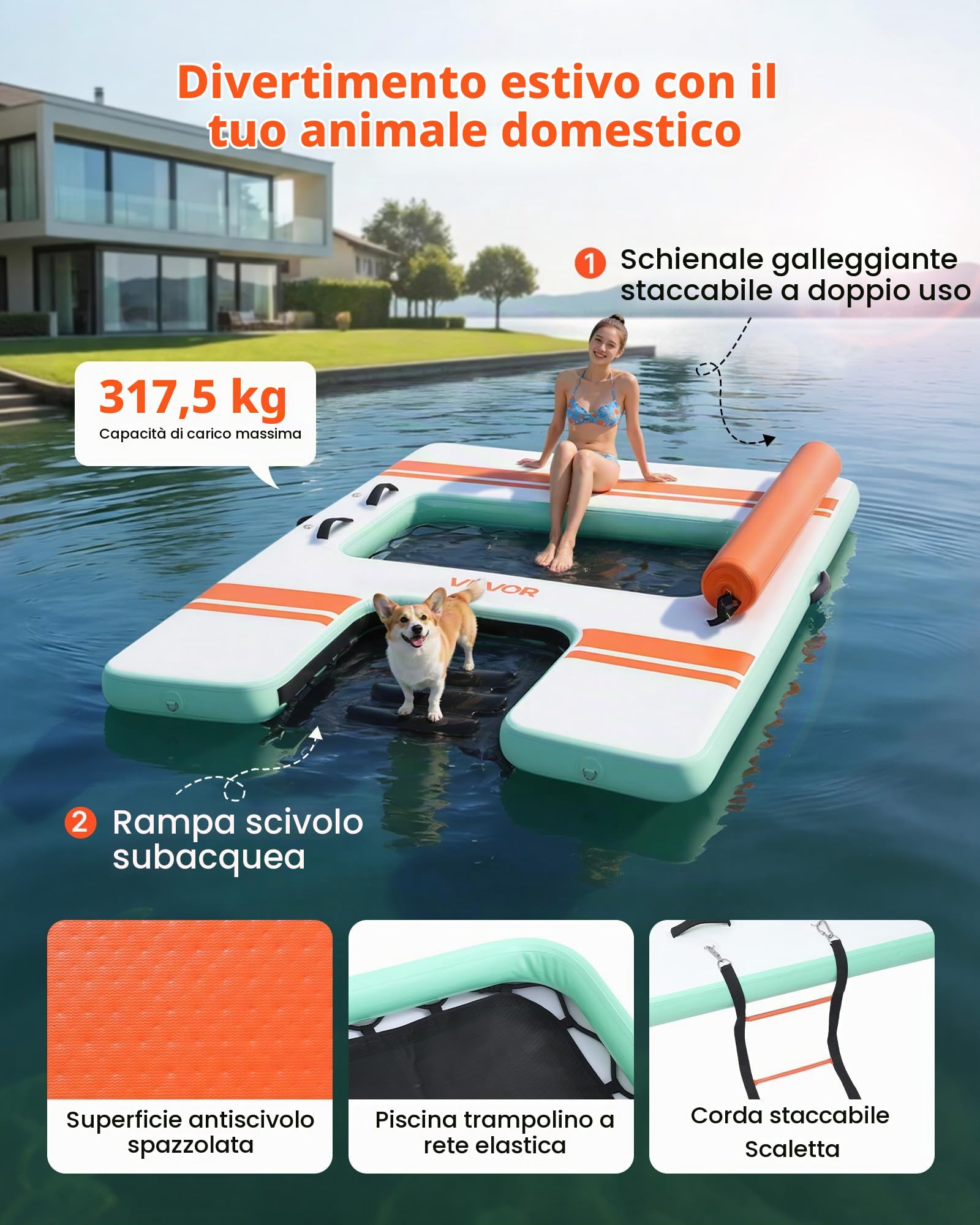 VEVOR Pontile Galleggiante Gonfiabile 2,44 x 1,83 m da Mare Piscina, Piattaforma Galleggiante con Superficie Antiscivolo Scaletta Staccabile, Rampa per Cani, Isola d'Acqua per Piscina Spiaggia Mare