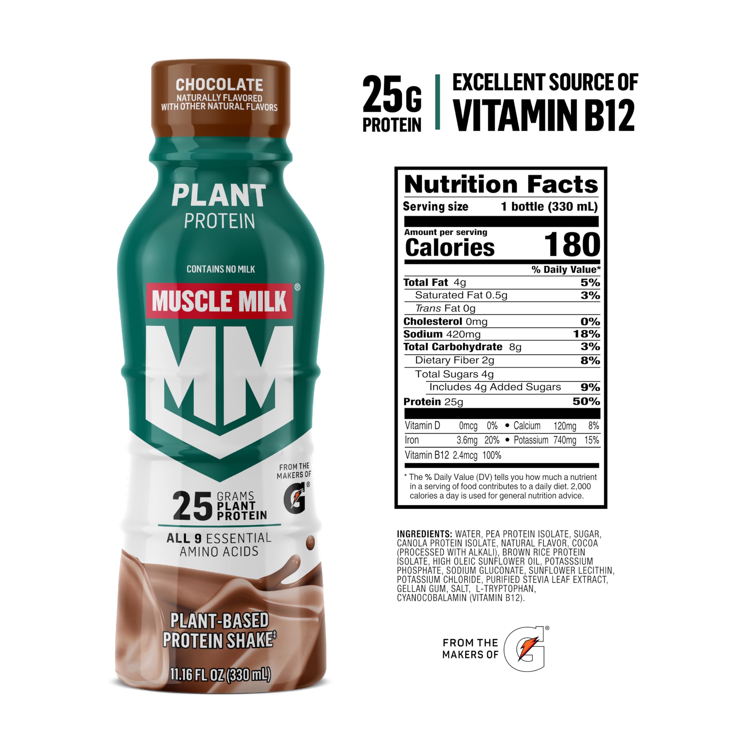 Muscle Milk Plant Based Protein Shake,Chocolate,11.16 Fl Oz,(Pack of 24)