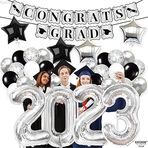 Miniatura 2 de KatchOn, Decoraciones de fiesta de graduación plateadas 2023 – Gaint de 40 pulgadas, paquete de 43 | Cartel de graduación de felicitaciones en