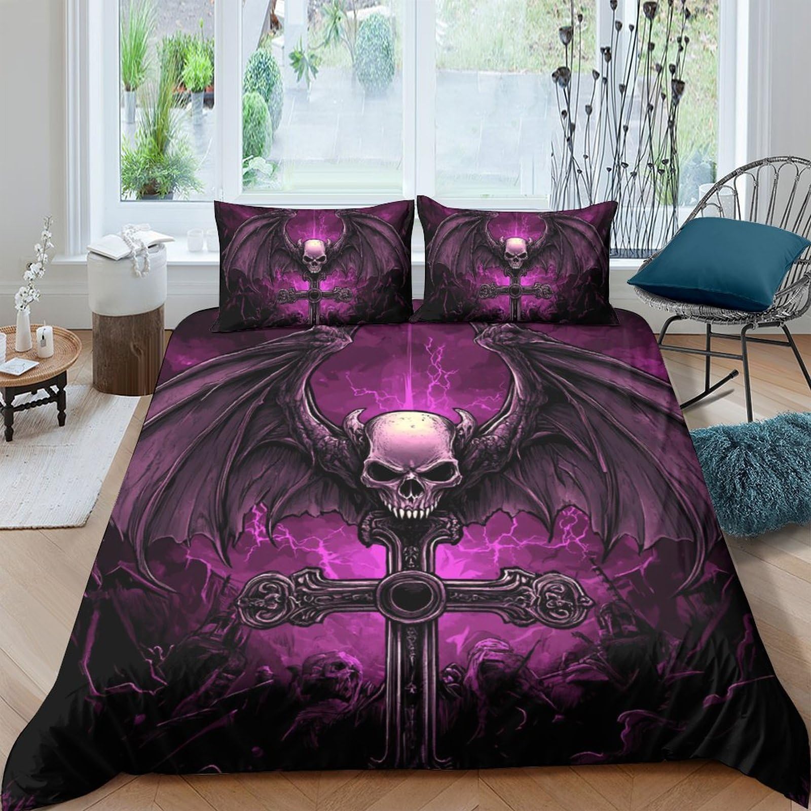 Ctjqhvkz Style-10 3D Printed Gothic Skull Bat Wing Fitted Sheet Microfiber Purple Cross Bed Sheet For Bedroom Dorm Mattress Cover Single（135X200cm）