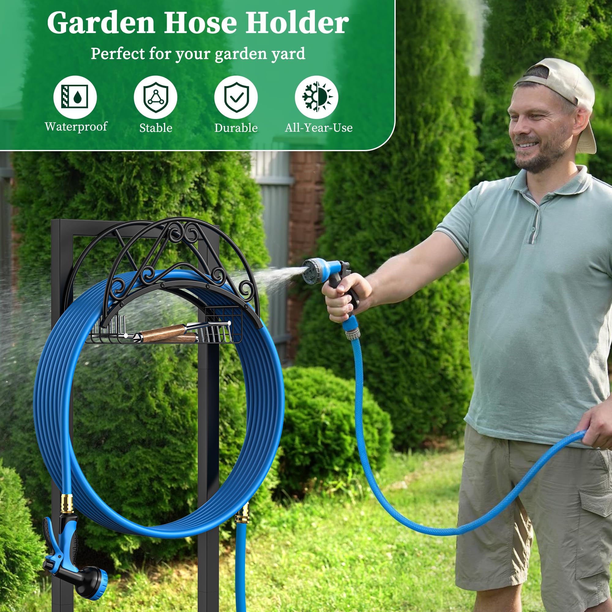 Soporte para manguera de jardín, soporte de metal resistente para manguera de agua con capacidad para 150 pies para césped exterior, desmontable