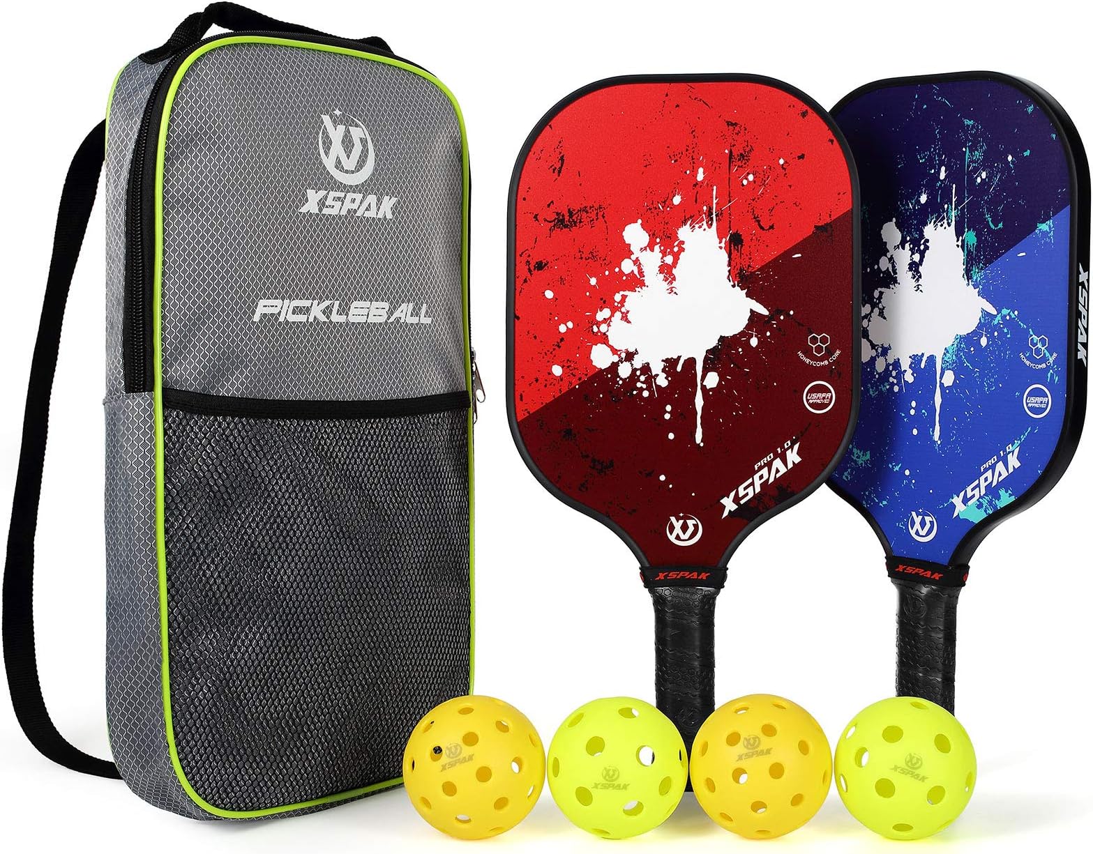 XS XSPAKPickleball Paddles Sets, USAPA Graphite Face/Carbon Fiber and Polypropylene Honeycomb Core, Anti-Slip Sweat-Absorbing Soft Cushion Grip, Pickleball Set of 2 with 2-4 Balls and 1 Bag/Backpack