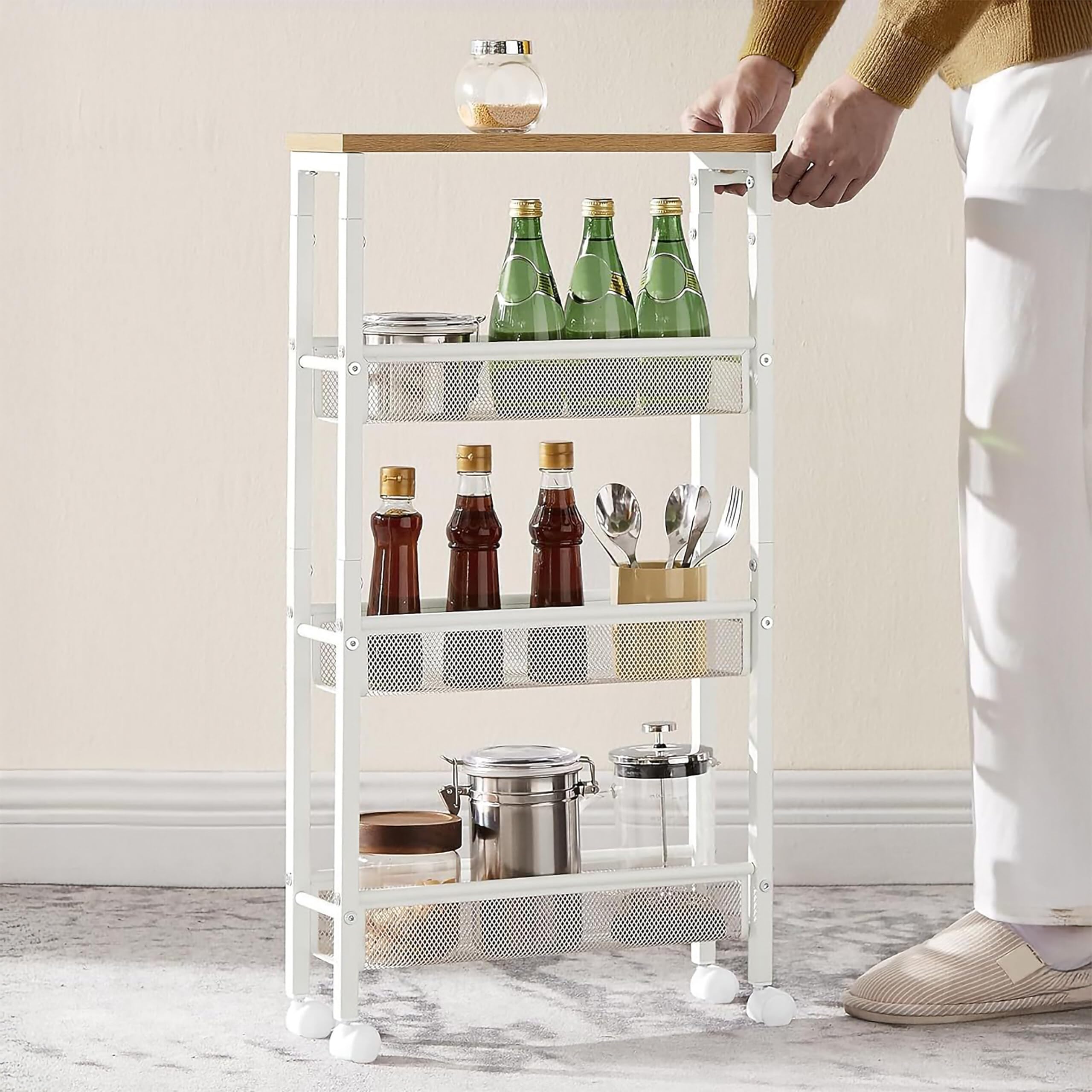 Relaxdays Estantería metálica con 4 Niveles, Ruedas, 77x13x45 cm, para baño y Cocina, Natural/Blanco