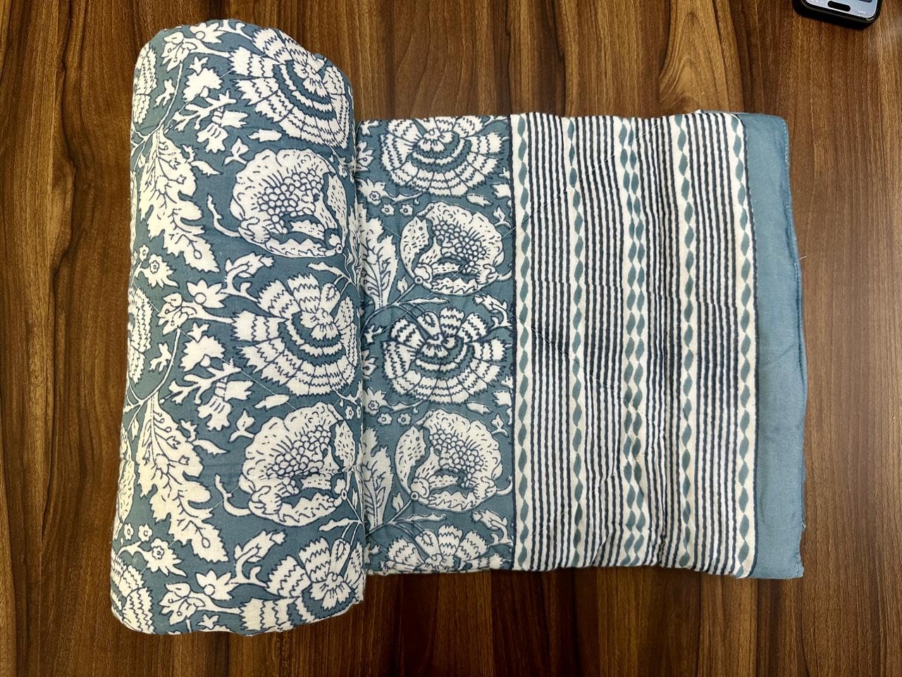 Jaipuri Pure Cotton Quilted Double Bed AC Comforter/Razai/Rajai – Traditional Machine Quilted Design|Dusty Blue, Size -90"x100"-image-9