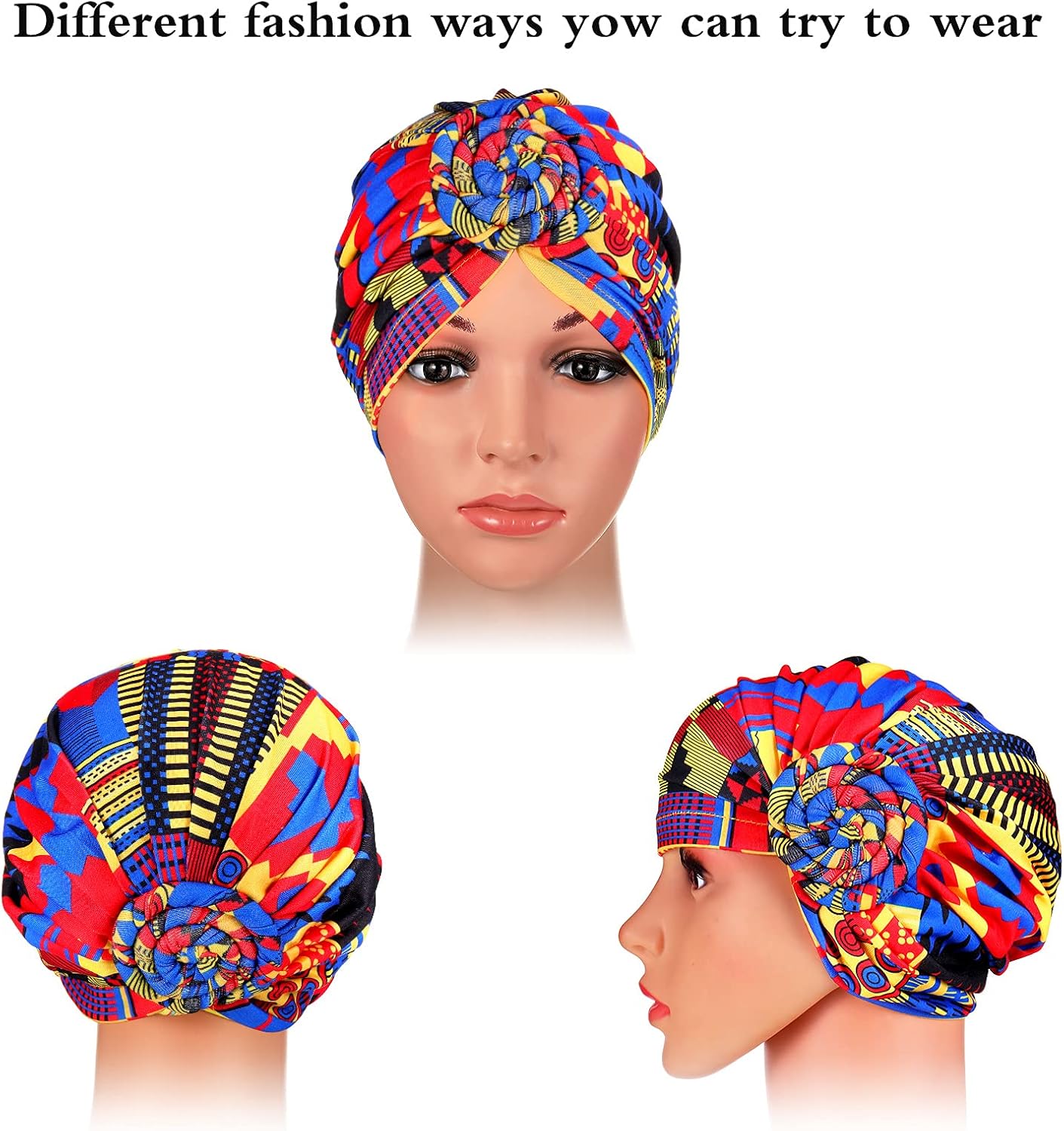 SATINIOR 4 Pieces African Pattern Headwrap Pre-Tied Bonnet Turban Knot Beanie Cap Headwrap Hat - Image 2