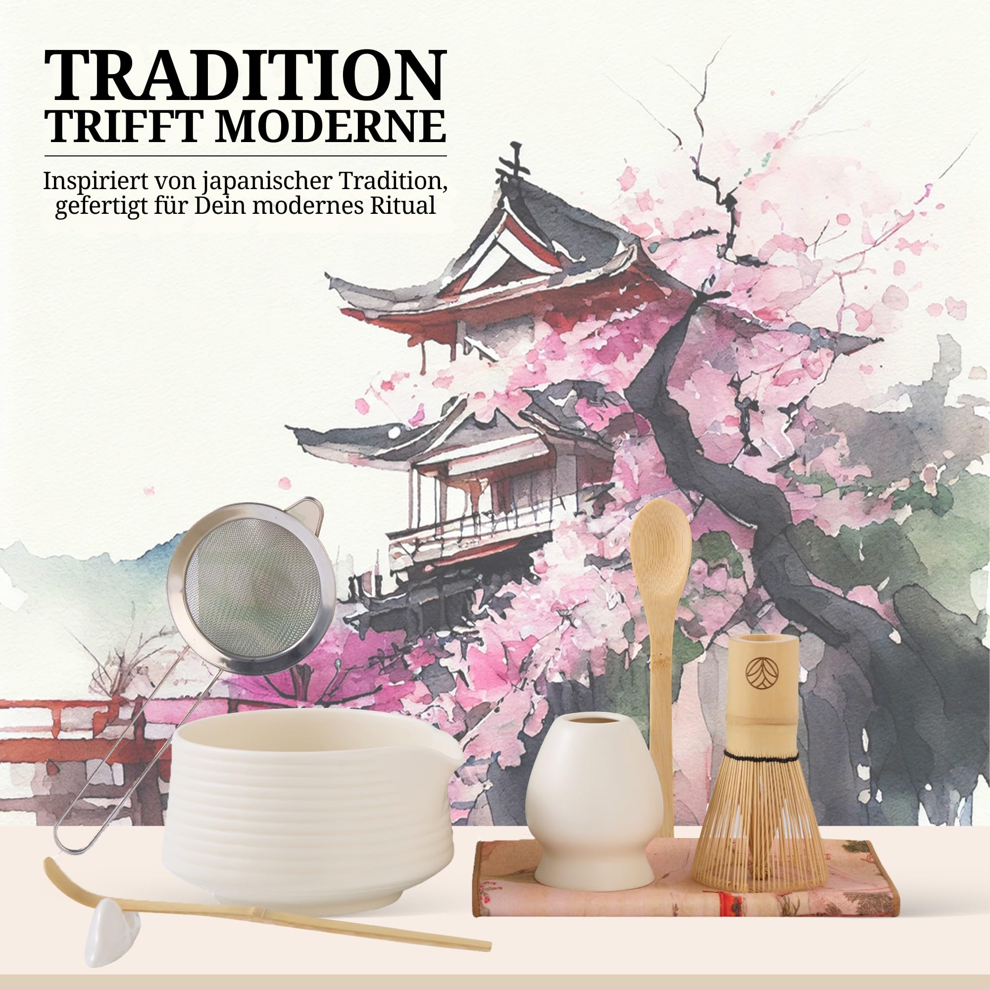 Matcha Set – Set de thé matcha traditionnel avec fouet en bambou, bol à matcha et accessoires – 4 pièces ou 8 pièces, disponible en différentes couleurs (Blanc, 8 pièces)