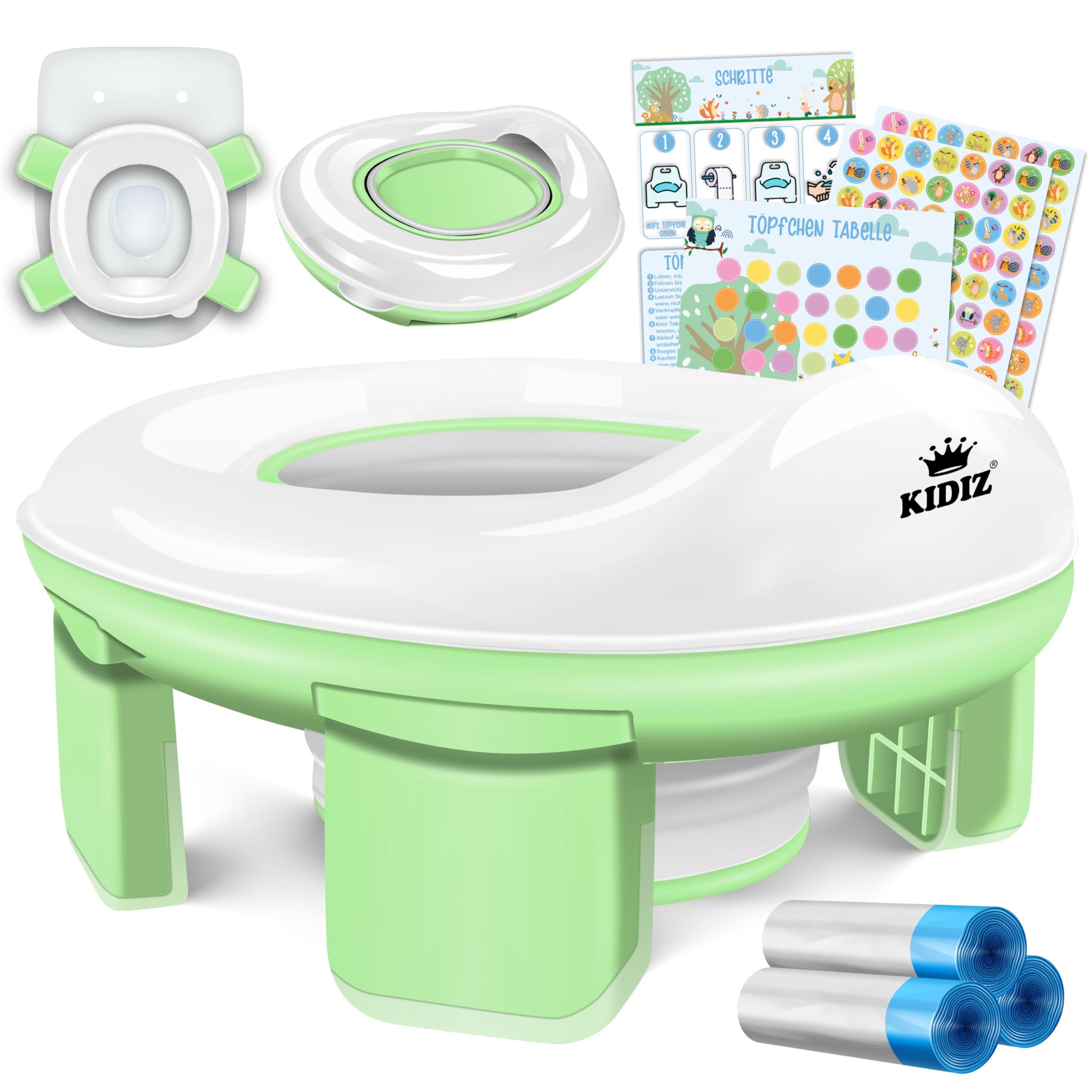 KIDIZ® Toilettensitz Kinder Töpfchen Töpfchentrainer WC Sitz | Lerntöpfchen bequemem, PP-Material mit Müllbeutel | Kindertöpfchen für Unterwegs & Belohnungssystem mit Stickern 3 in 1 Lösung