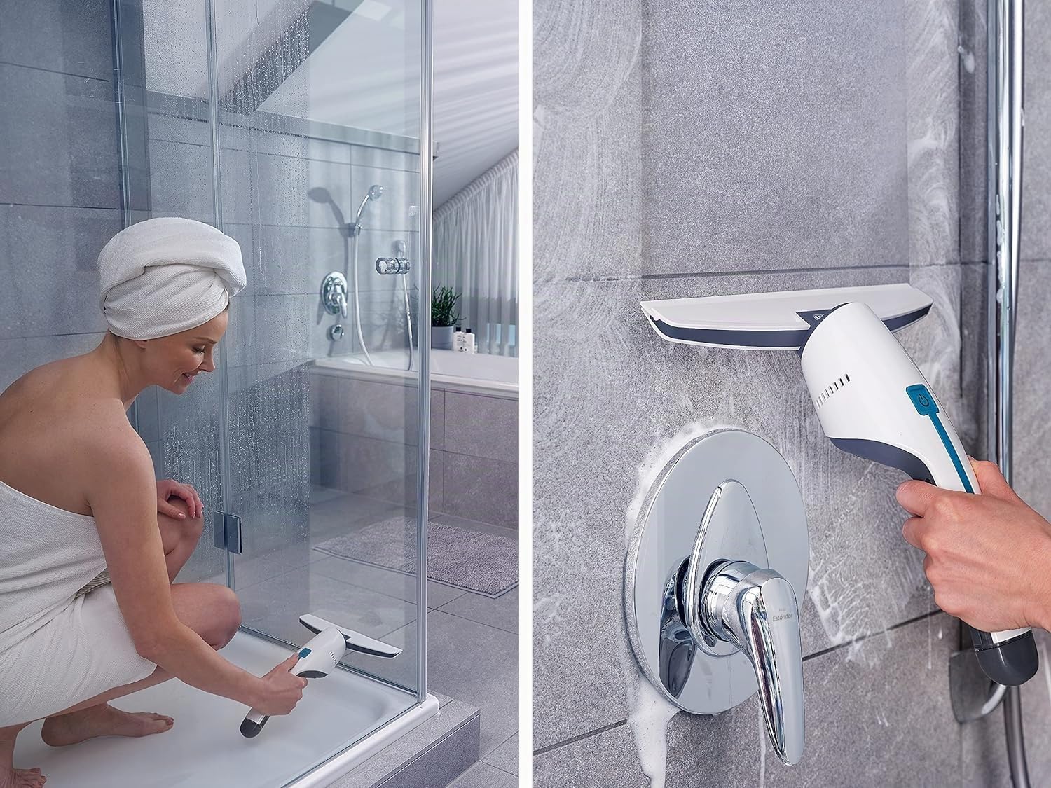 Leifheit Set Aspirador de ventanas Nemo con boquilla para baño, aspirador limpiacristales con soporte de pared, 45 min. de batería