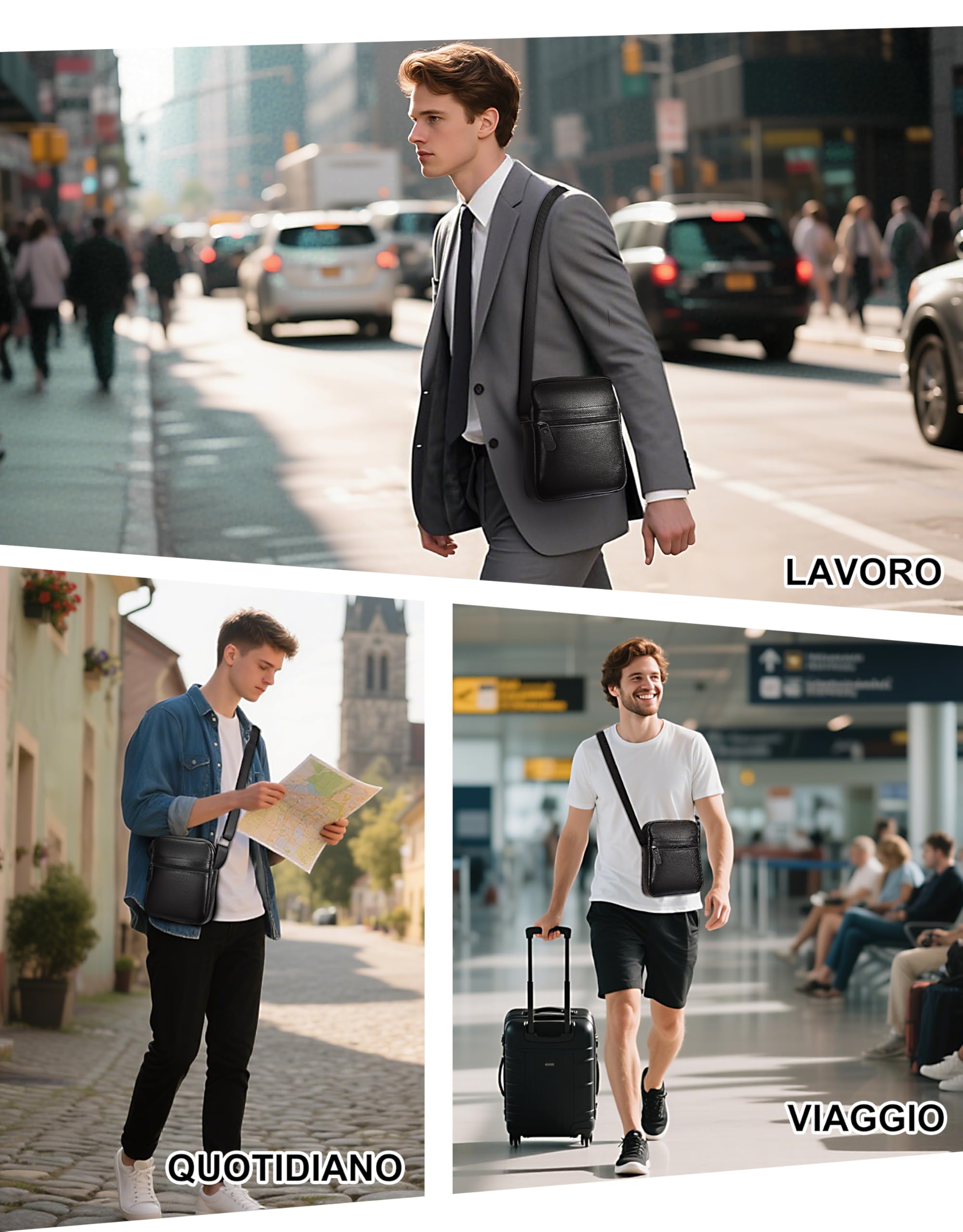 Leathario Borsello Uomo Tracolla Pelle, Borsa Messenger Impermeabile, Borse Uomo a Mano Per Lavoro, Viaggio e Casual