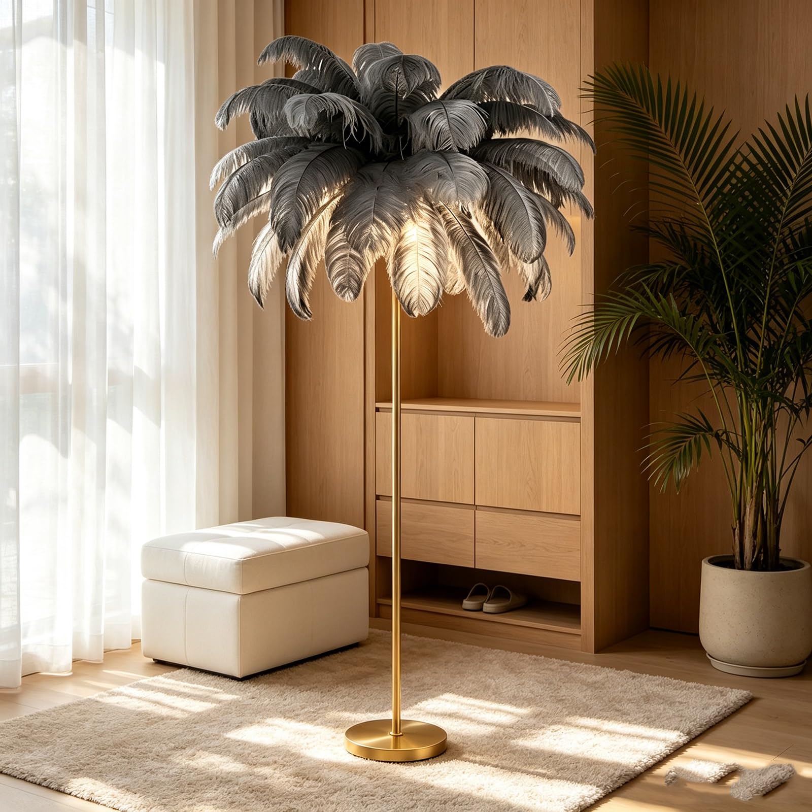 LCNDKF Fluffy Feather Floor Lamp with LED Soft Light
