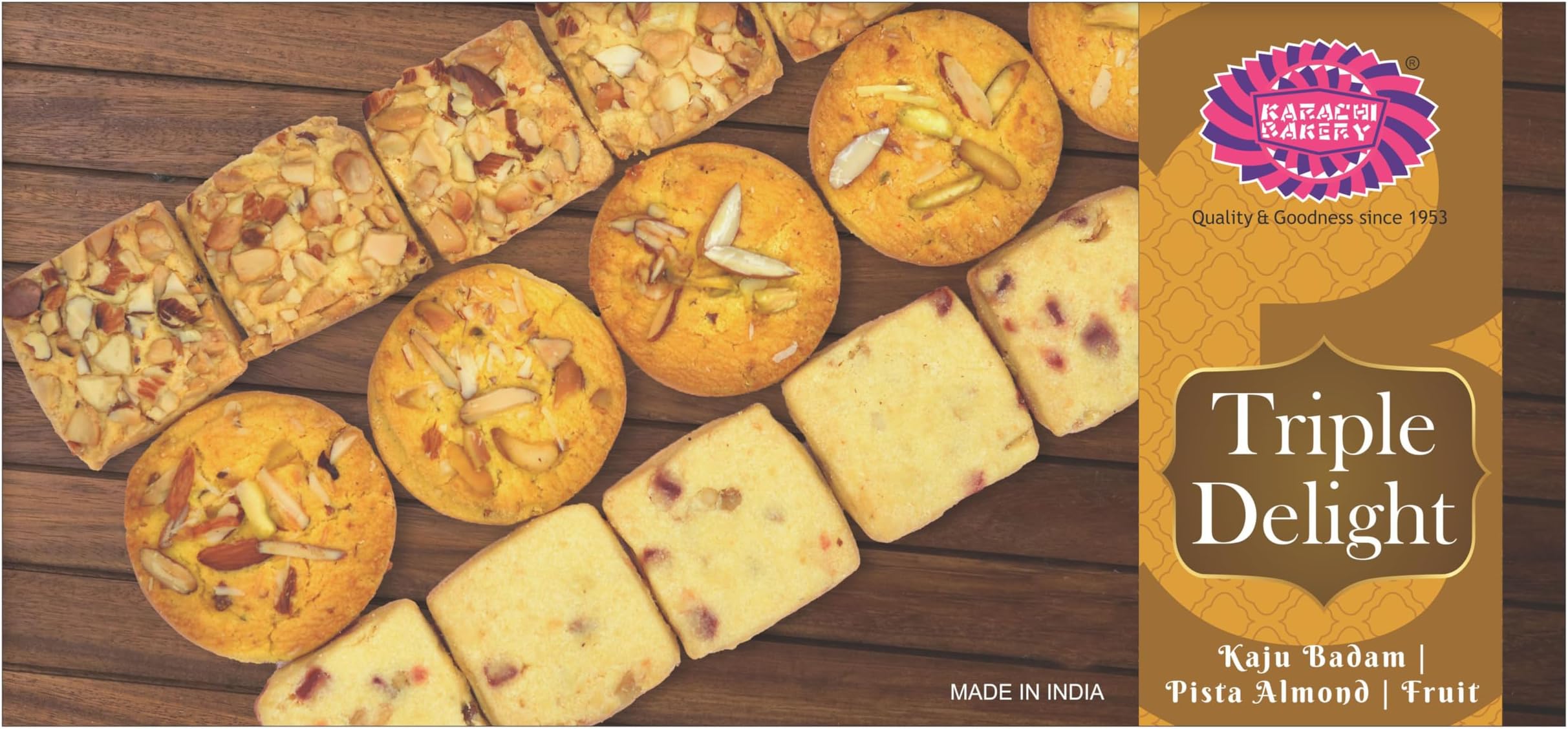 Karachi Bakery Triple Delight [Pista Almond, 200gm|Kaju Badam, 200gm| Fruit Biscuits,200gm]Gift Pack, 600gm