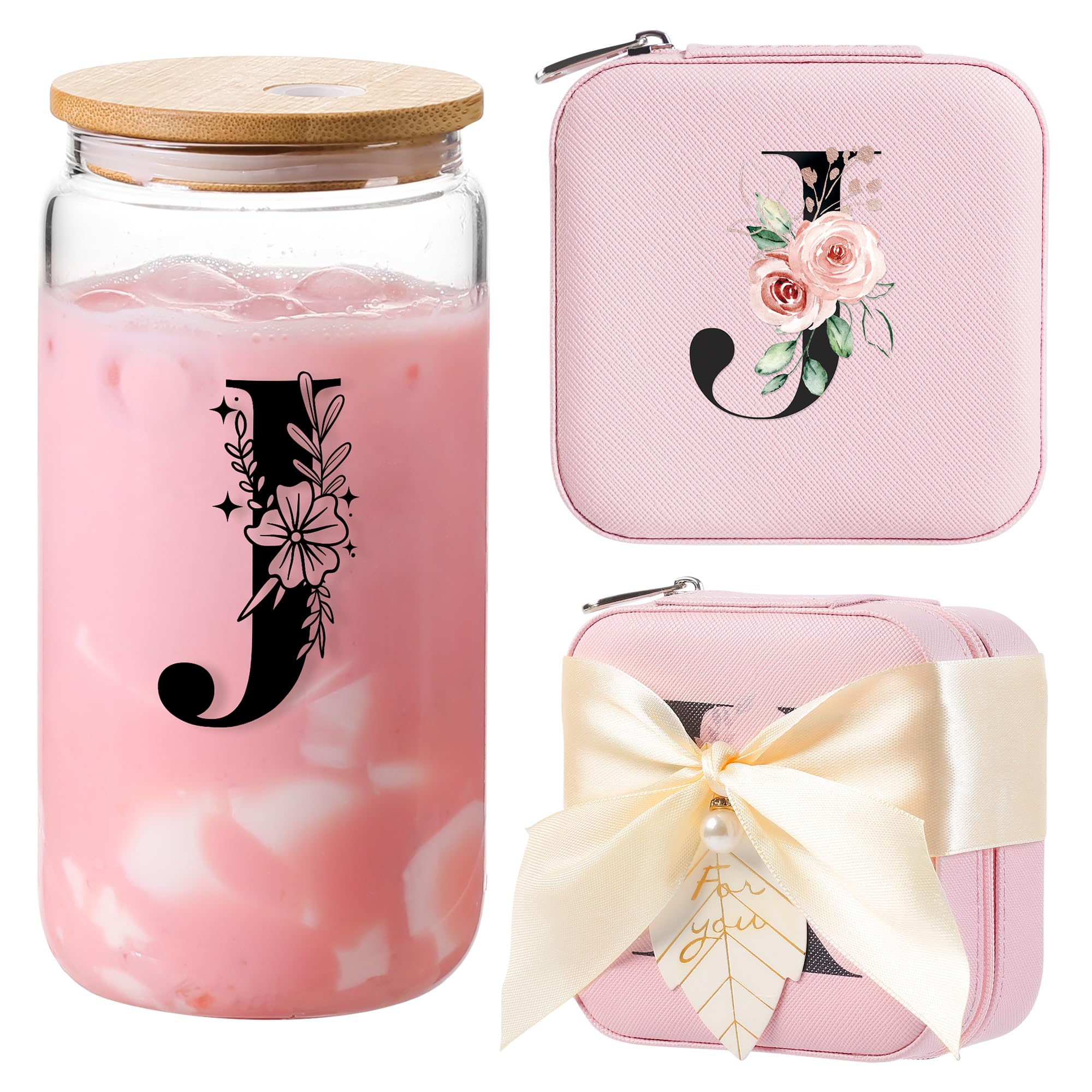 AYGXU Personalized gifts for bridesmaid,16oz glass cups with lid and straw,Jewelry Organizer,Graduation Travel Gifts for Women,Personalized Travel