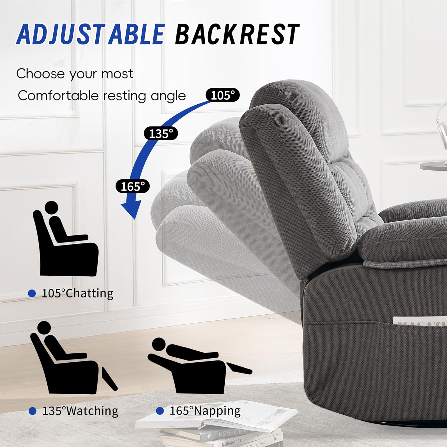 Swivel Recliner Chair for Adults with Massage and Heating,Manual Glider Rocking Recliner Chair with Cup Holds and Pockets,Reclining Rocker Chairs for Living Room Bedroom R8811 (Darkgrey)