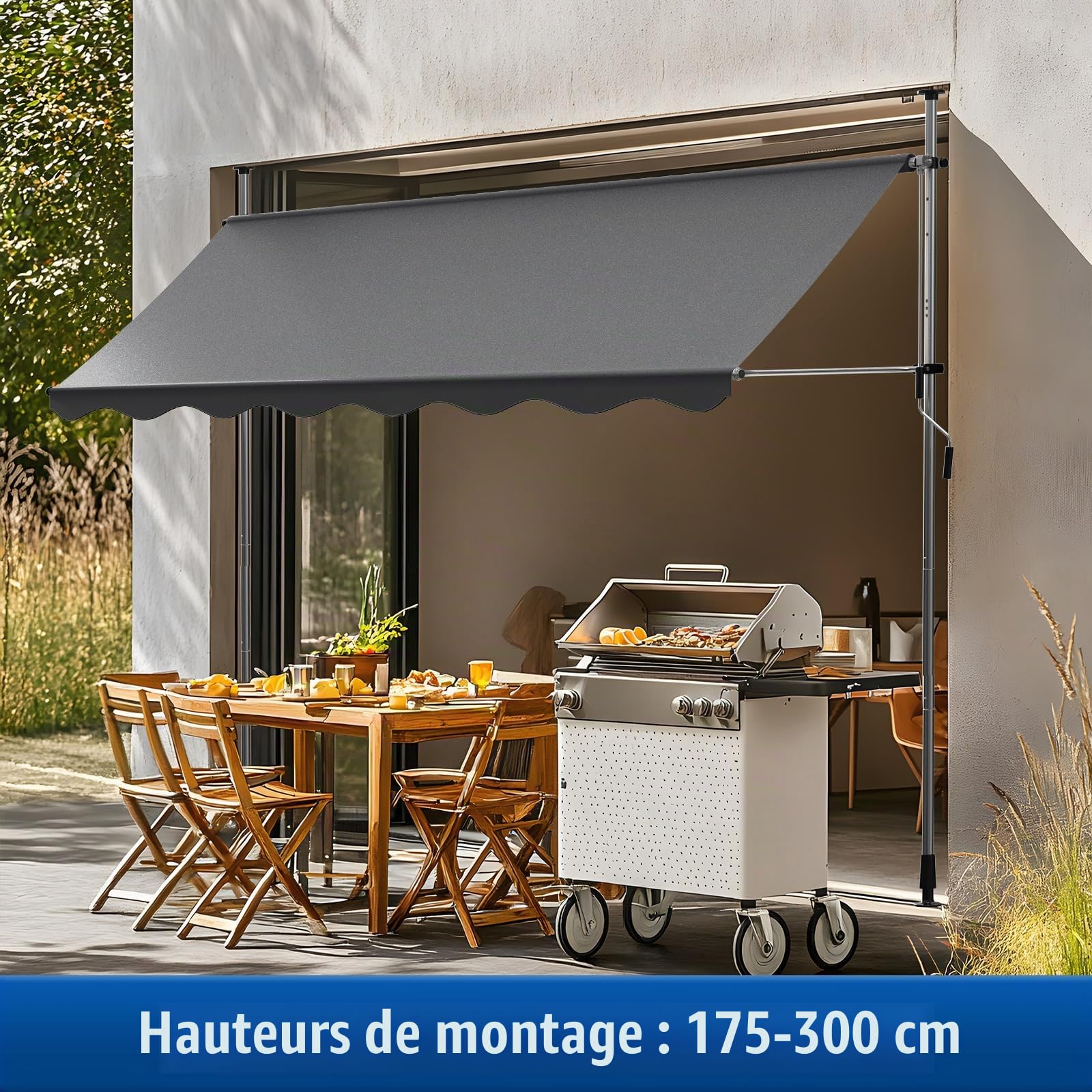 Store Banne Rétractable Terrasse 200x120cm, Store de Balcon-Hauteur Réglable Manuel, Auvent de Patio sans Perçage, Store Téléscopique Extérieur UV Résistant, Marquise de terrasse, Gris Foncé