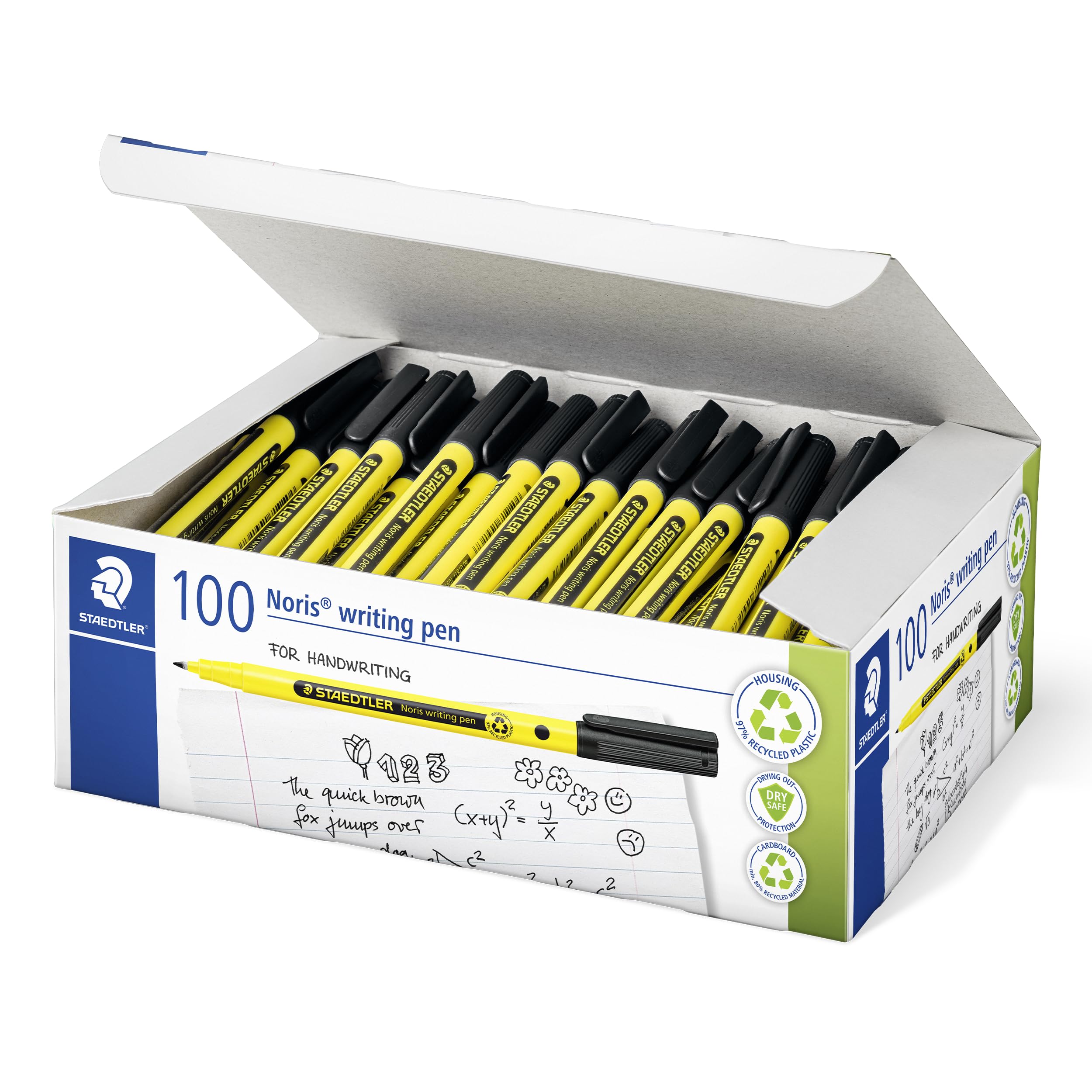 STAEDTLER Noris writing pen 307 Fineliner, housing made of 97% recycled plastic according to ISO 14021, fineliner in school box, black, 100 ST, 307-9 C100